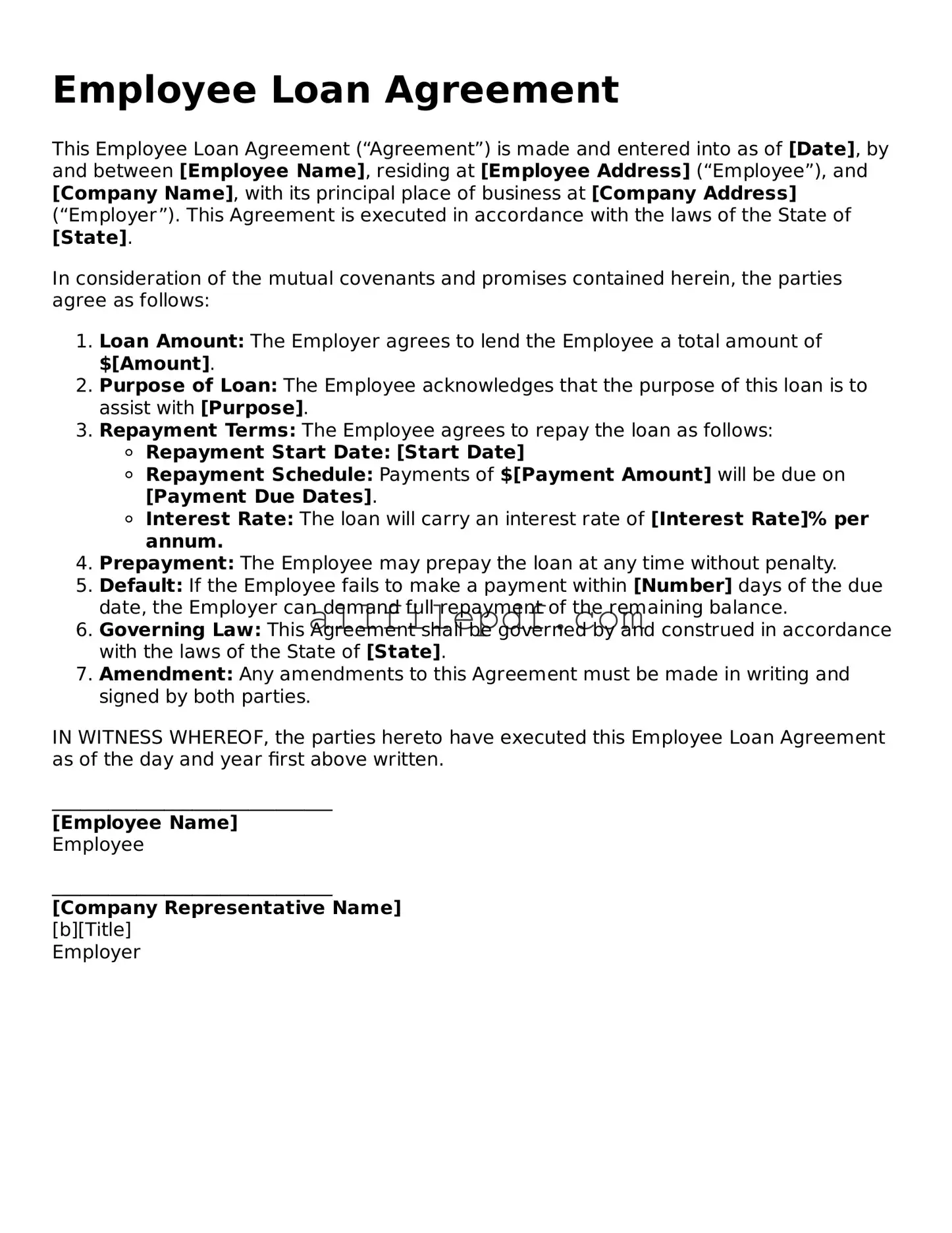 Blank Employee Loan Agreement Template