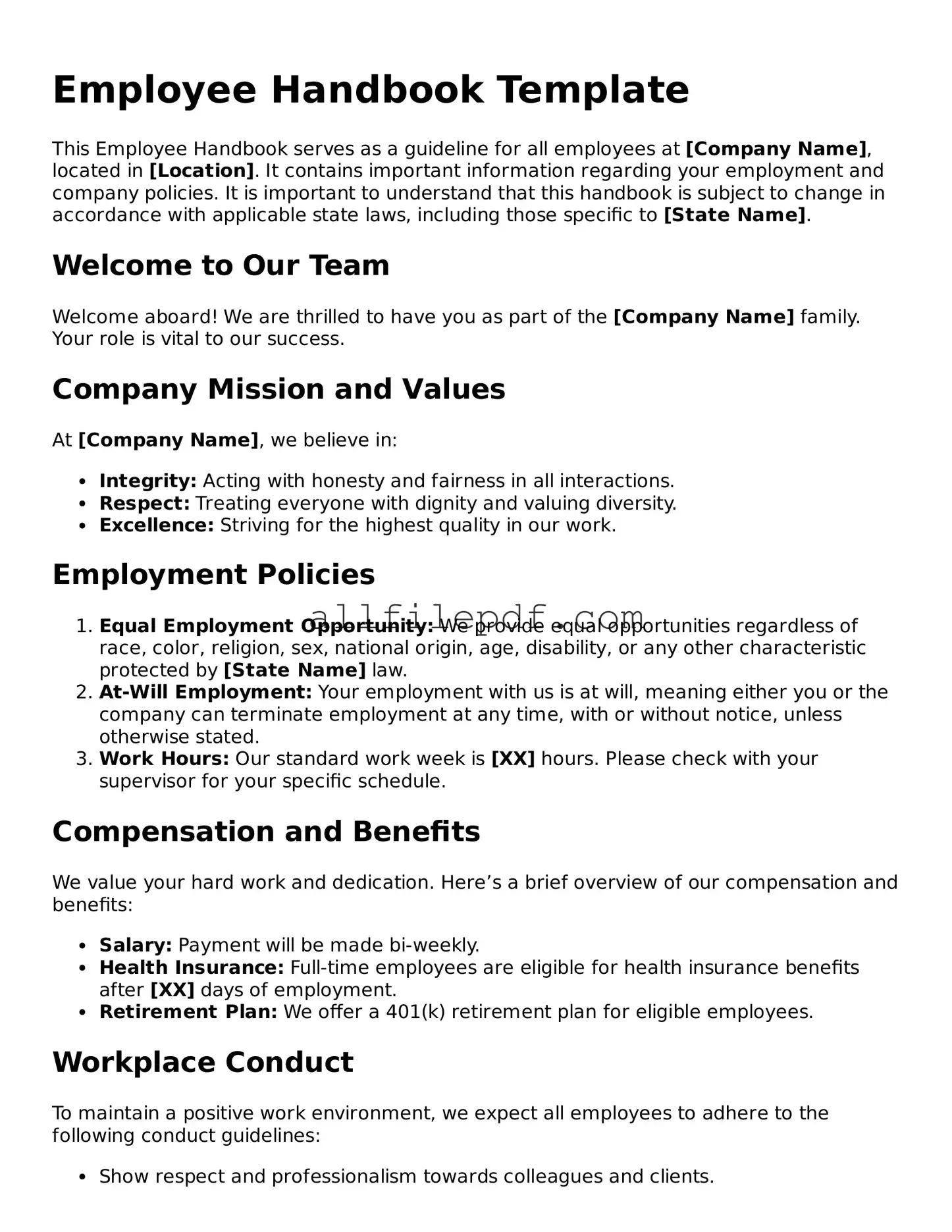 Blank Employee Handbook Template