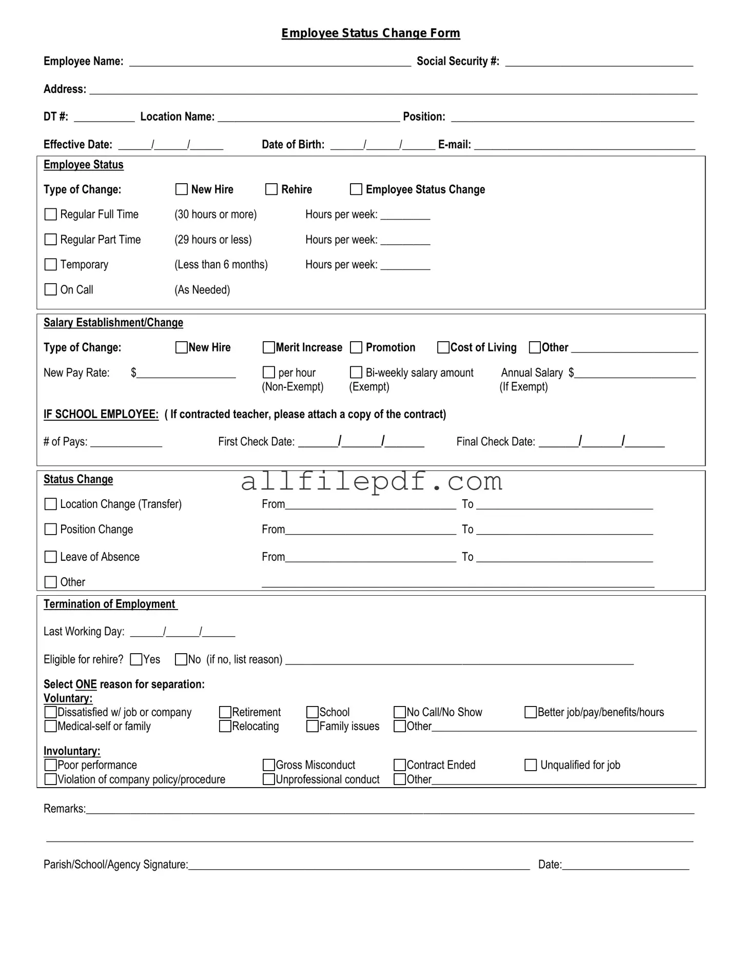 Blank Employee Status Change PDF Form