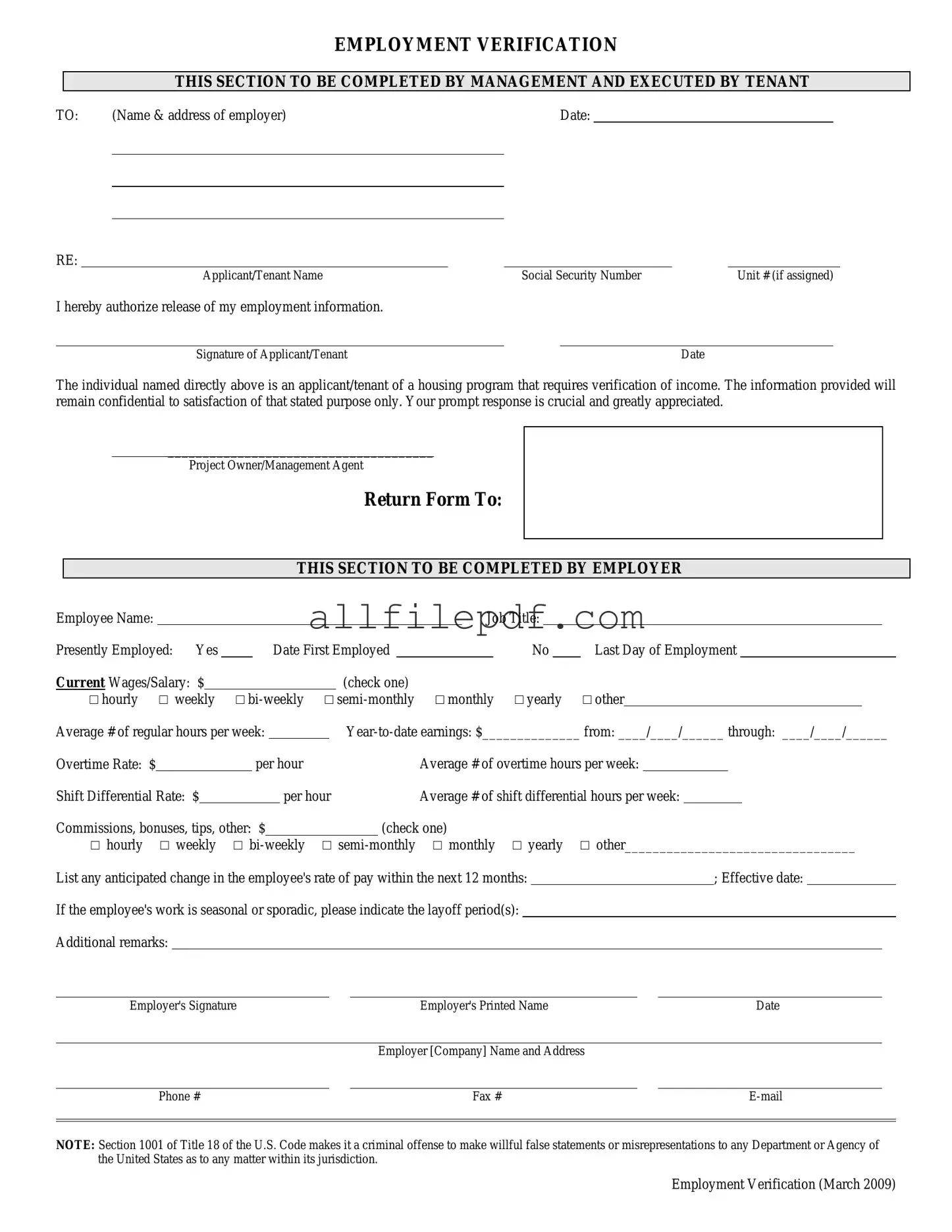 Blank Employment verification form PDF Form