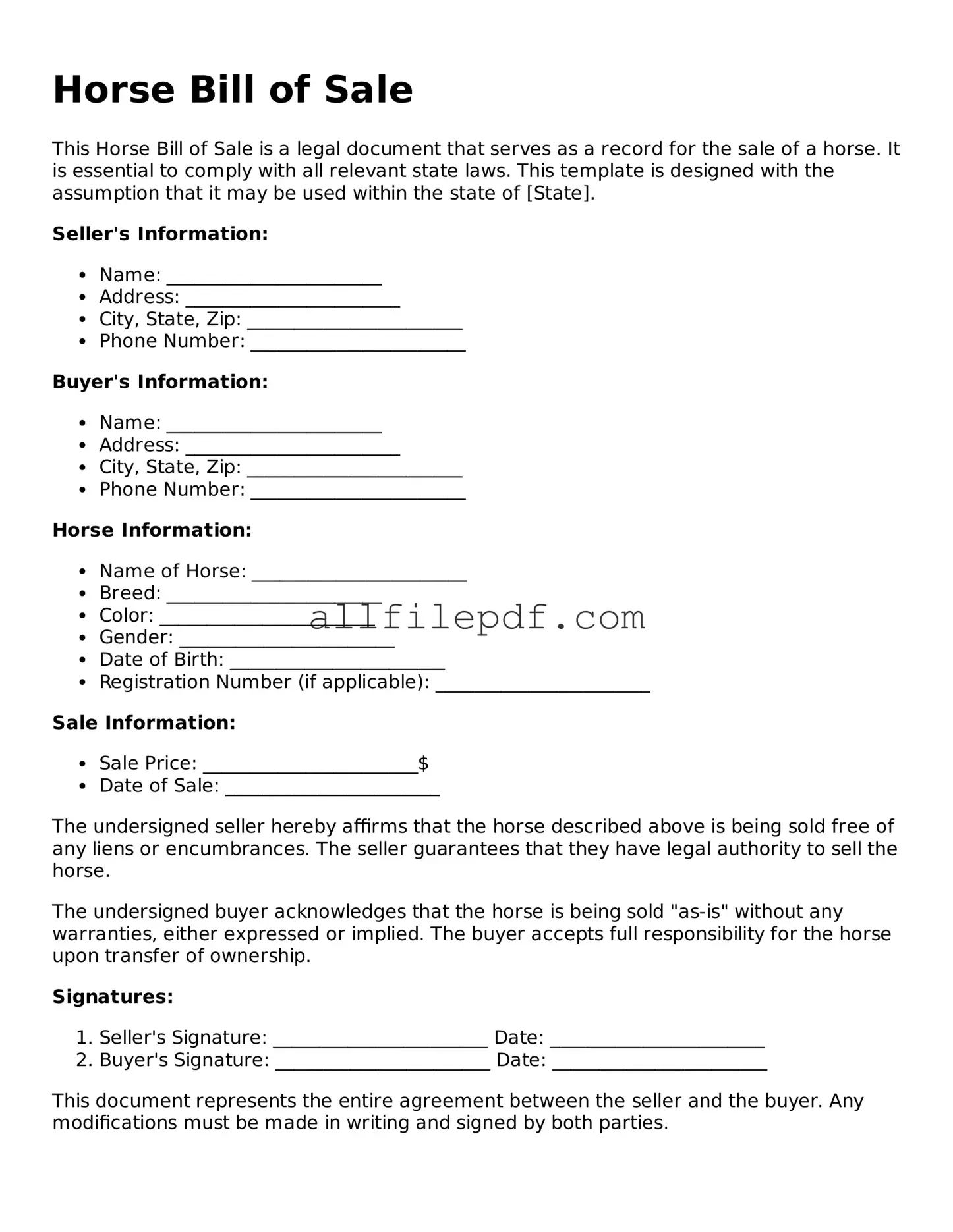 Blank Horse Bill of Sale Template