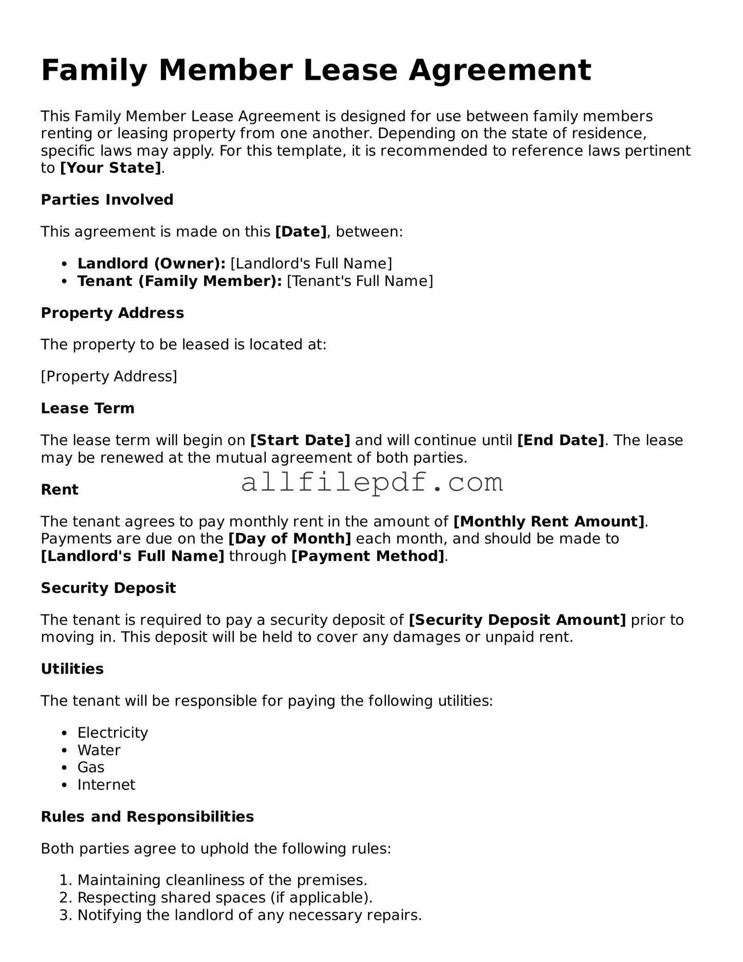 Blank Family Member Lease Agreement Template