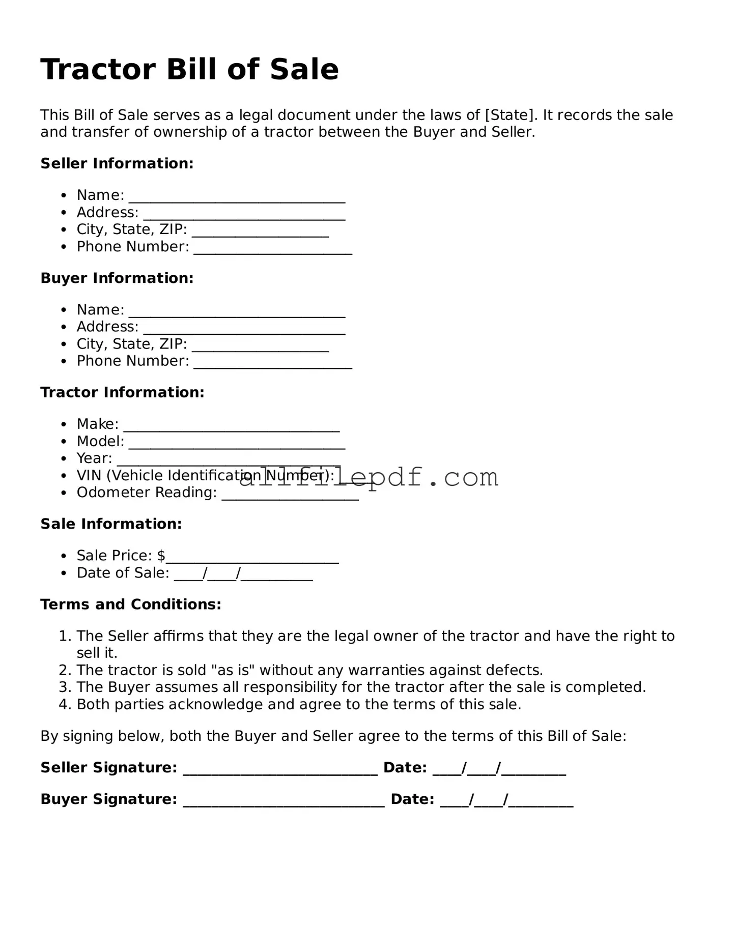 Blank Tractor Bill of Sale Template