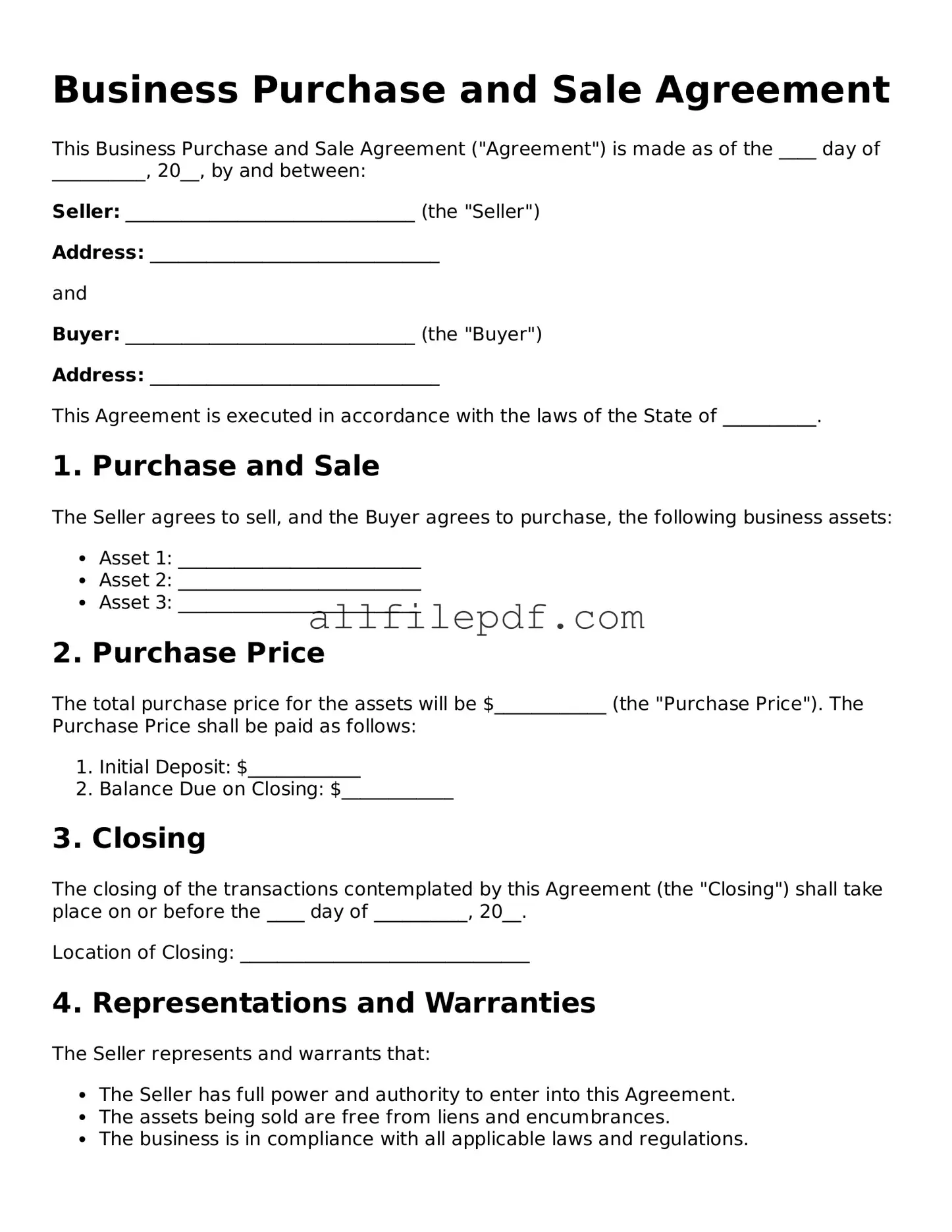 Blank Business Purchase and Sale Agreement Template