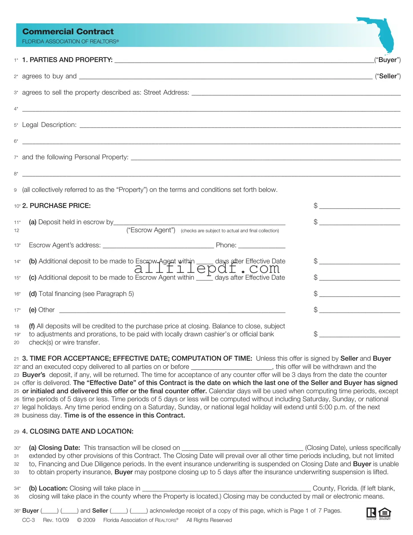 Blank Florida Commercial Contract PDF Form
