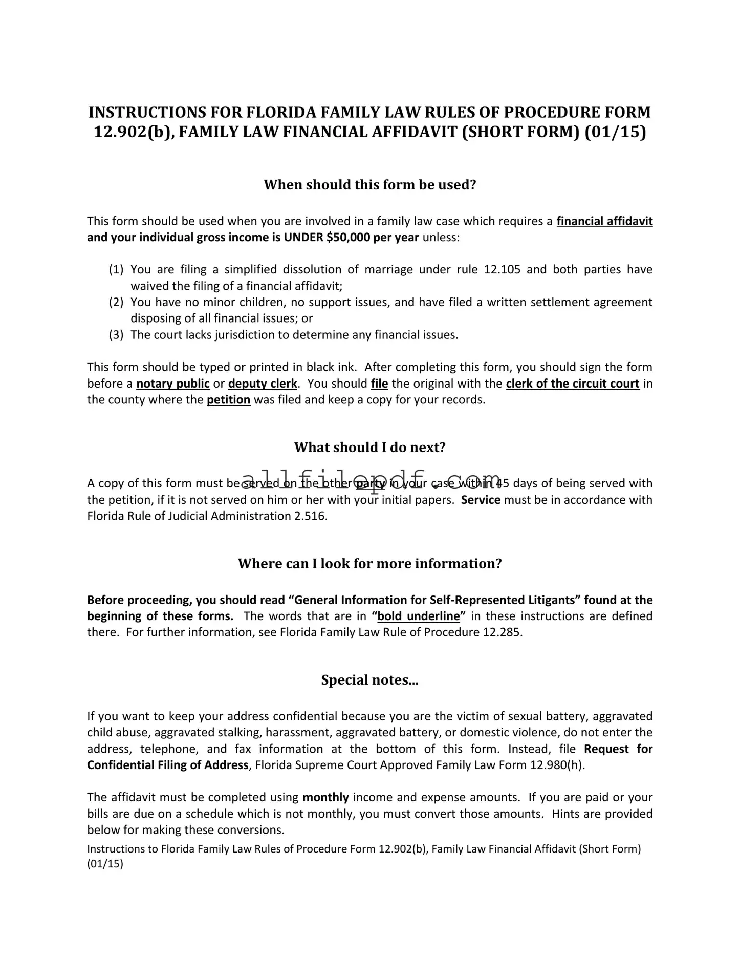 Blank Florida Financial Affidavit Short 12.902(b) PDF Form