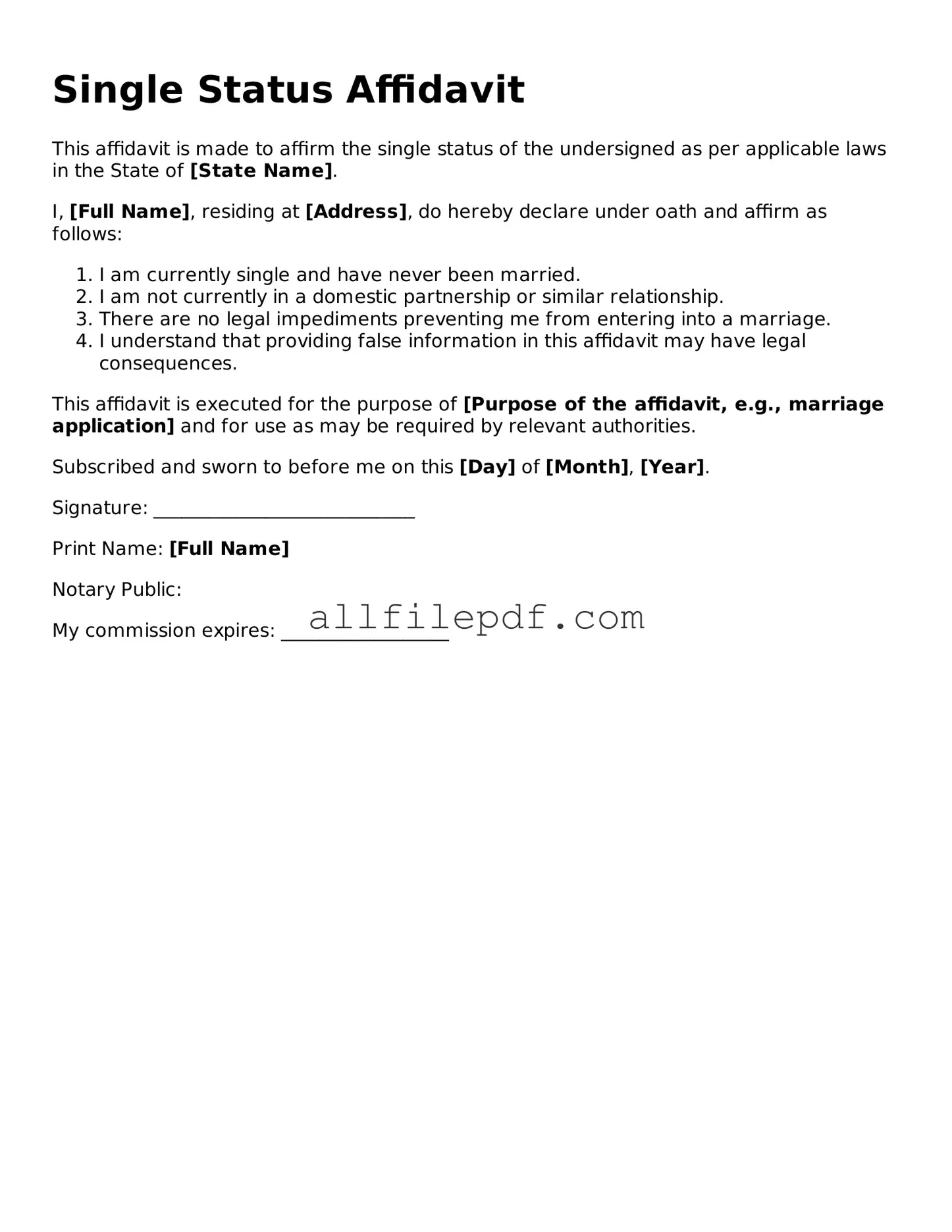 Blank Single Status Affidavit Template