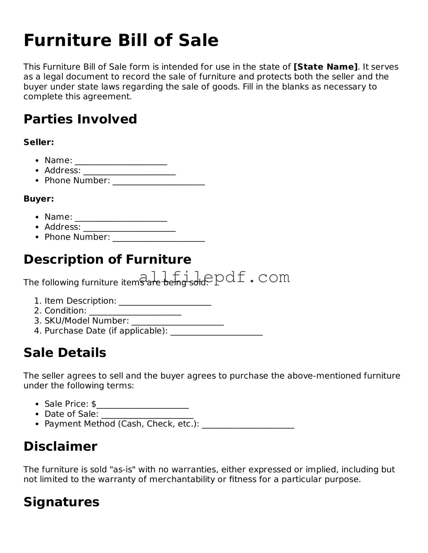 Blank Furniture Bill of Sale Template