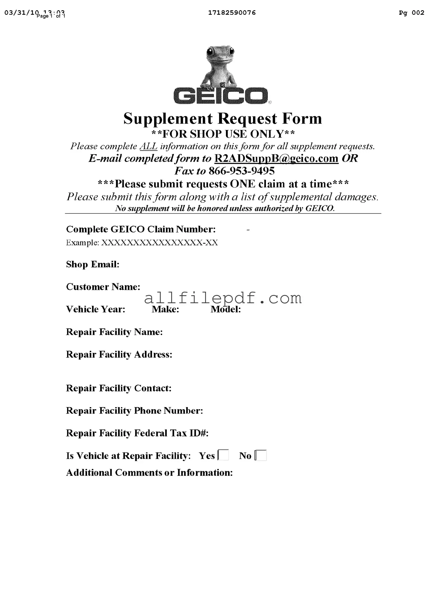 Blank Geico Supplement Request PDF Form