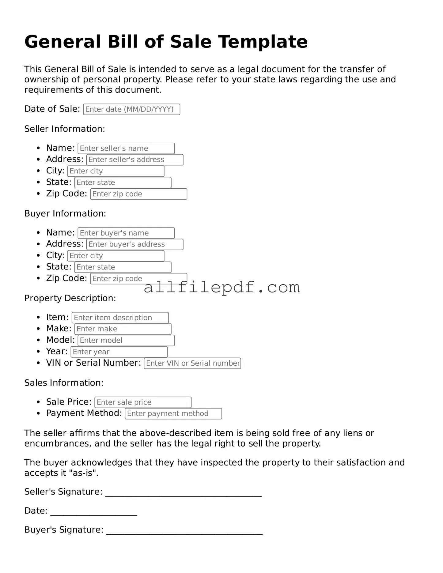 Blank General Bill of Sale Template