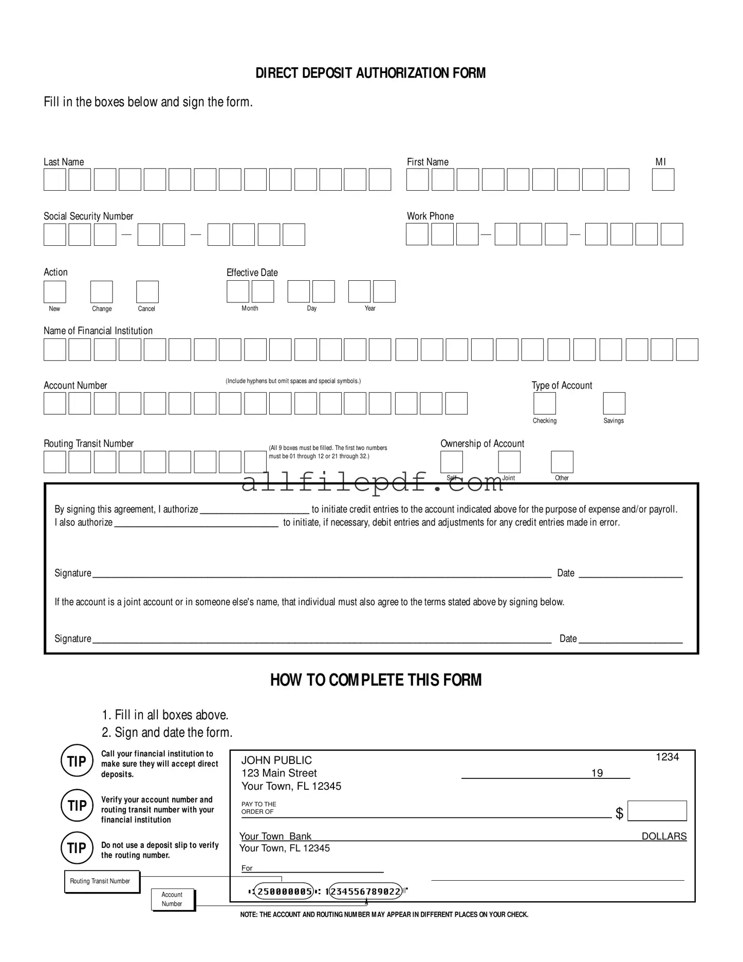 Blank Generic Direct Deposit PDF Form