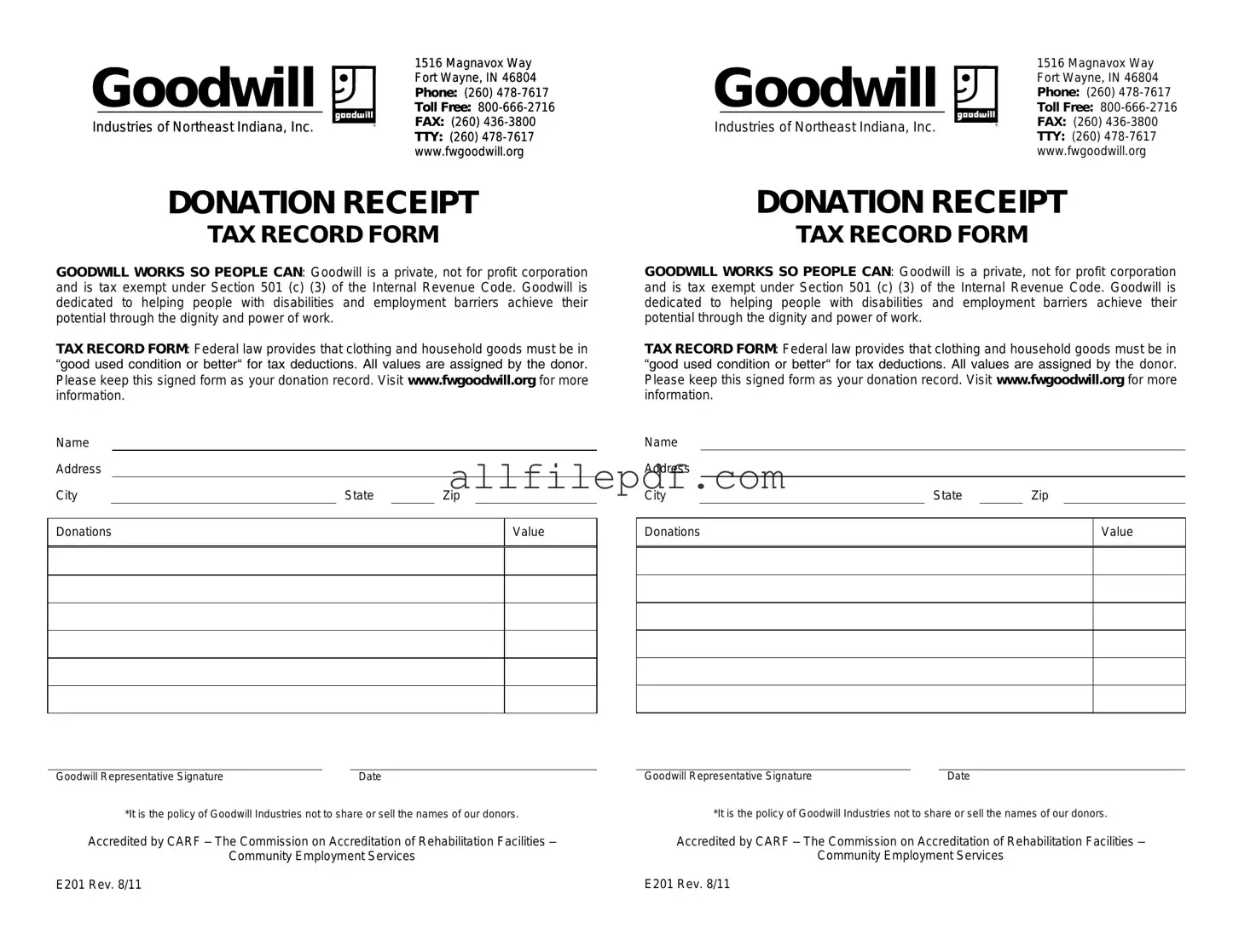 Blank Goodwill donation receipt PDF Form