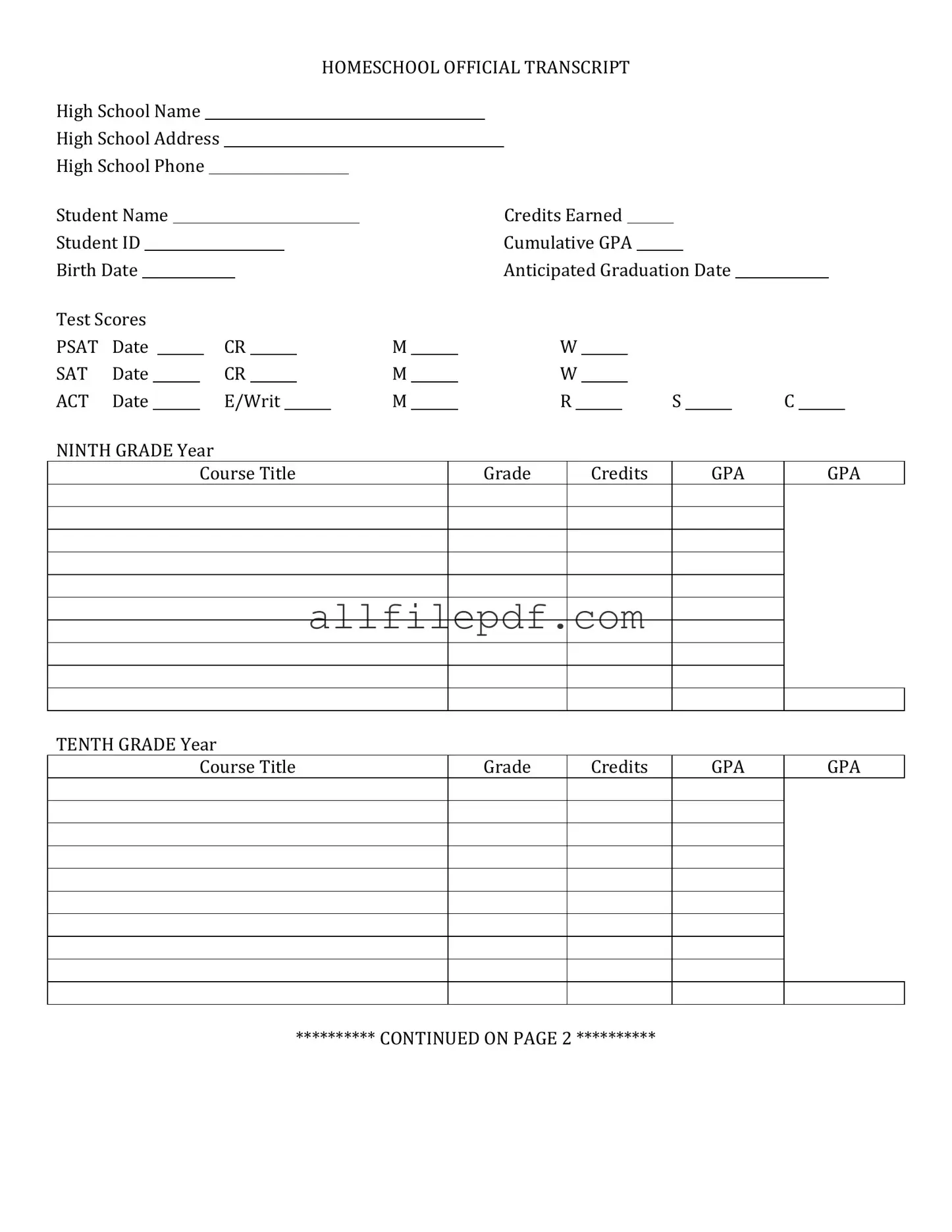 Blank High School Transcript PDF Form