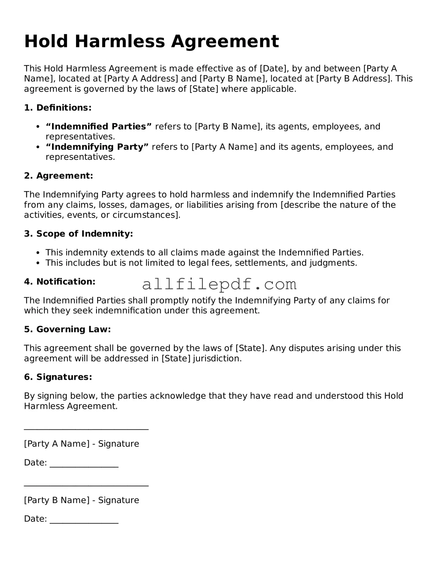 Blank Hold Harmless Agreement Template