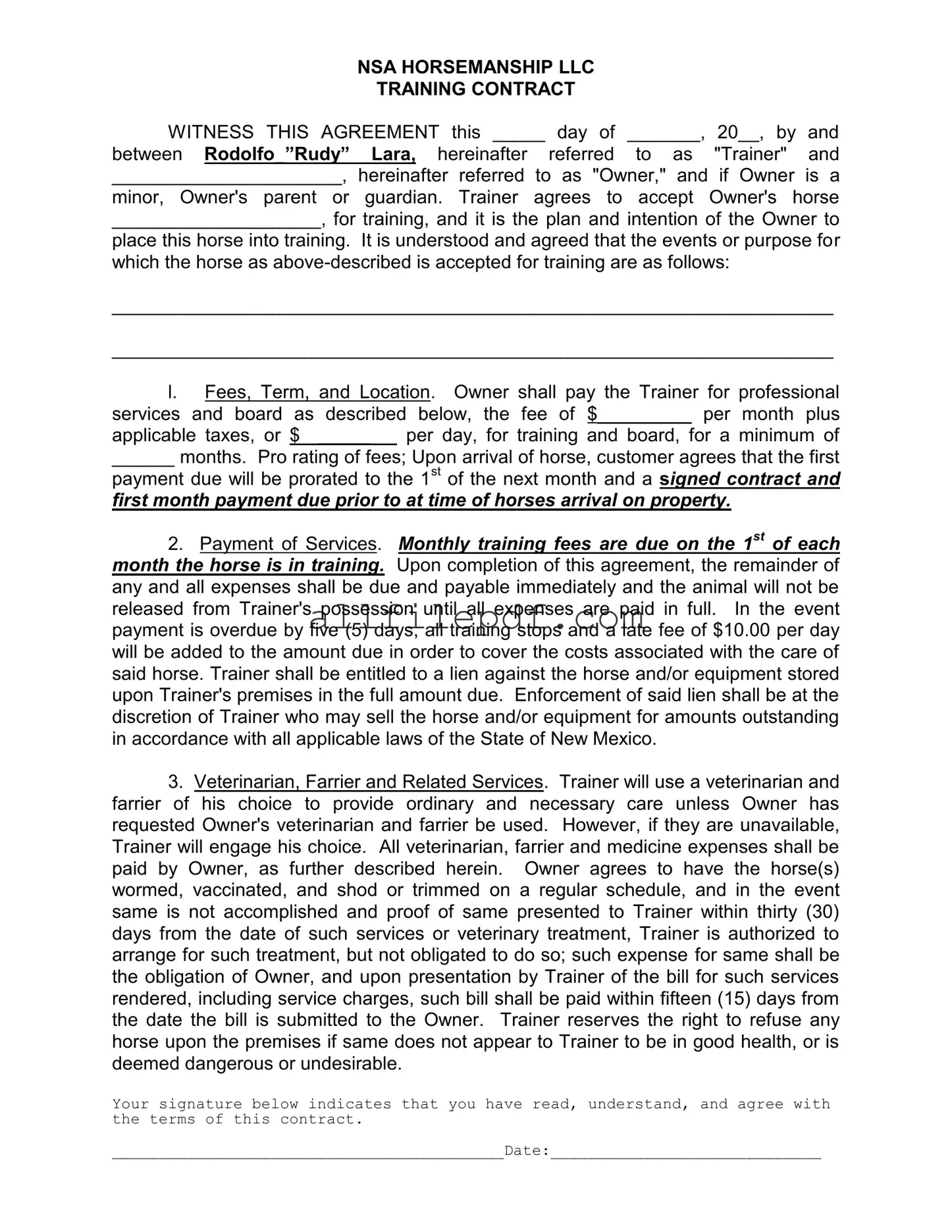 Blank Horse Training Contract PDF Form