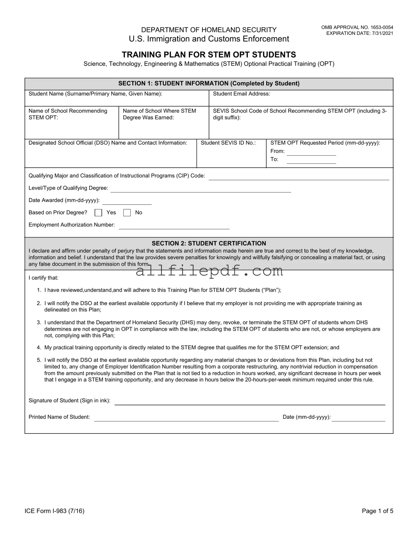 Blank ICE I-983 PDF Form