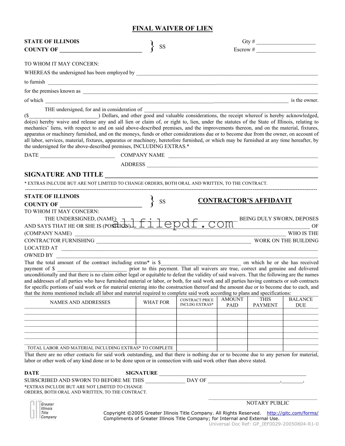 Blank Illinois Final Waiver Of Lien PDF Form