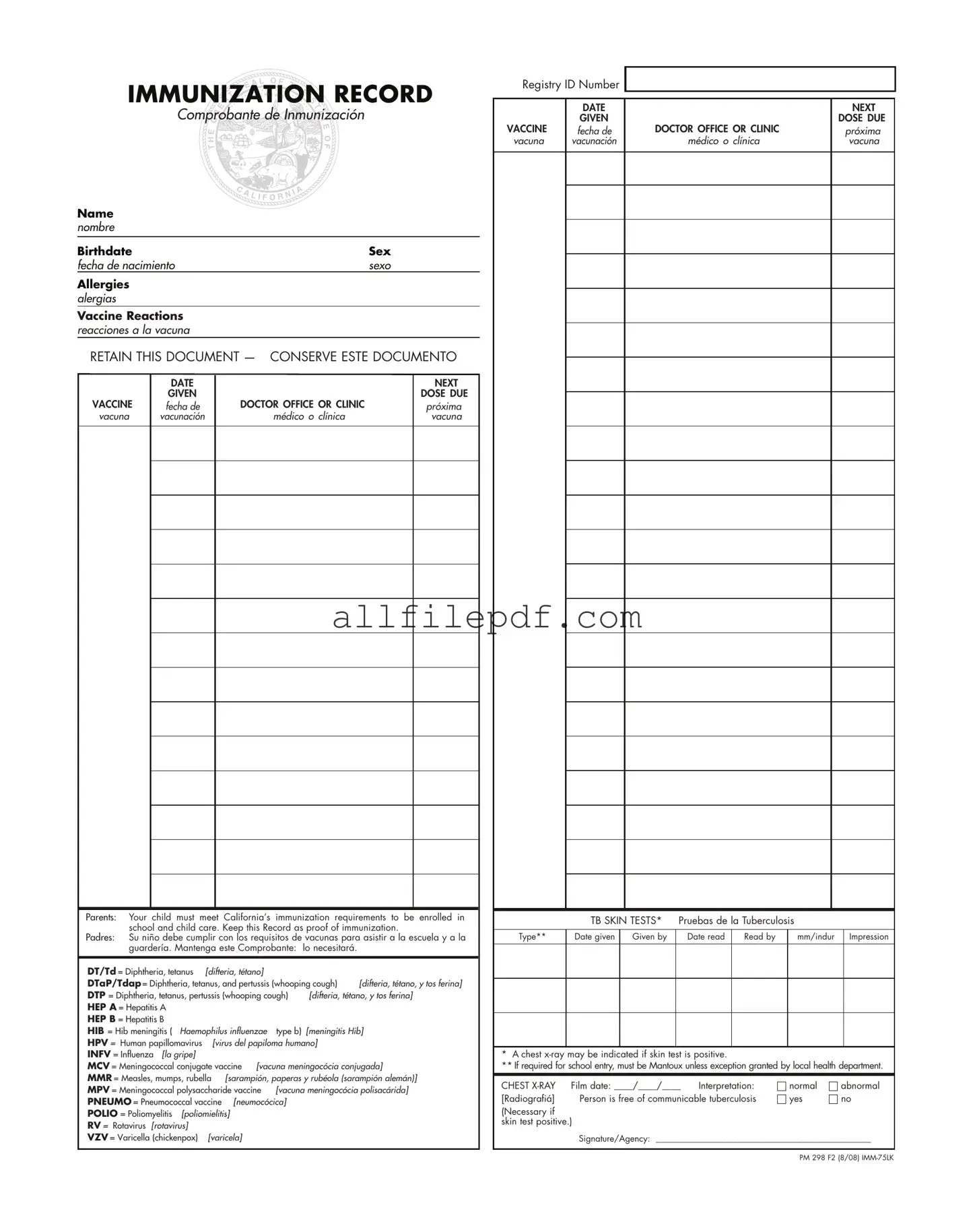 Blank Immunization Record PDF Form