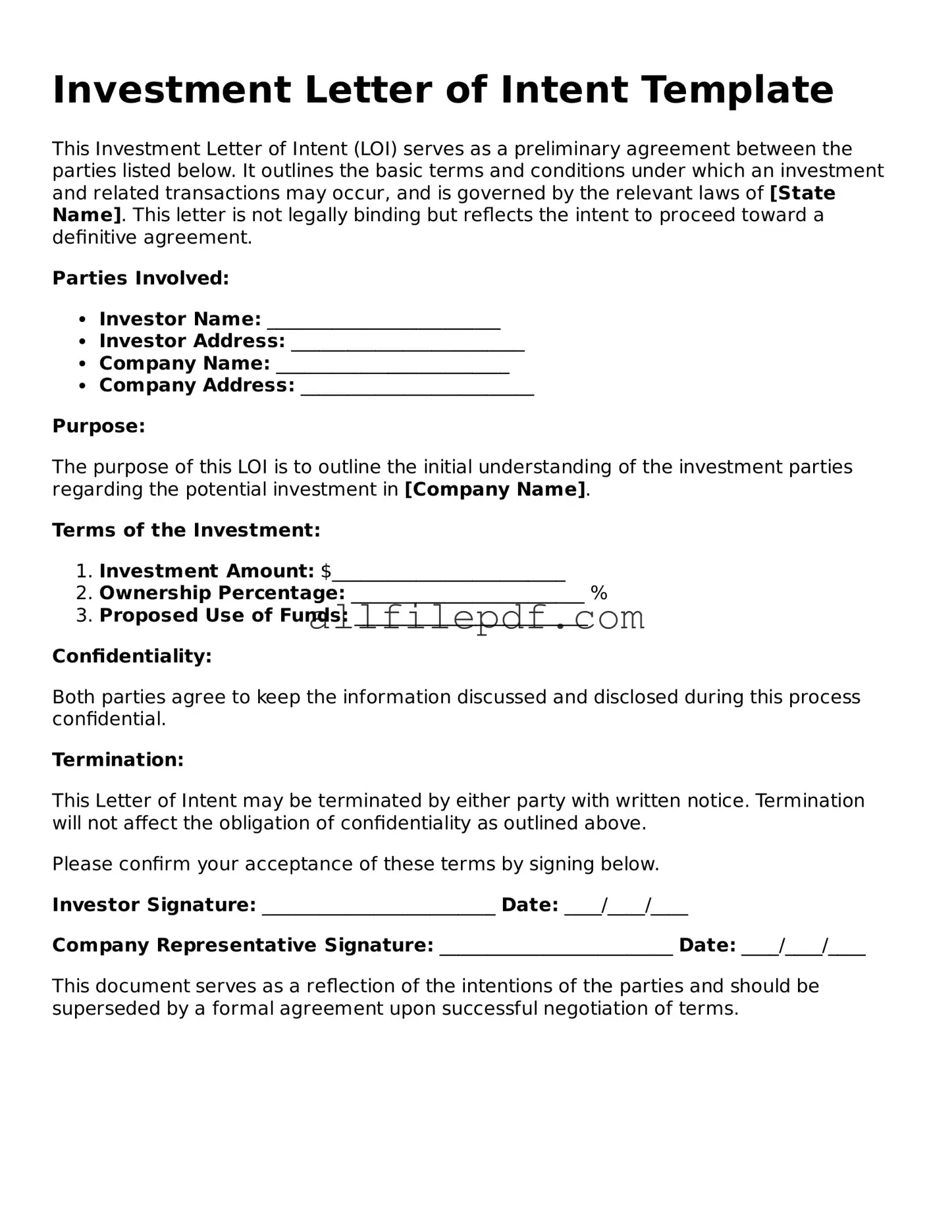 Blank Investment Letter of Intent Template