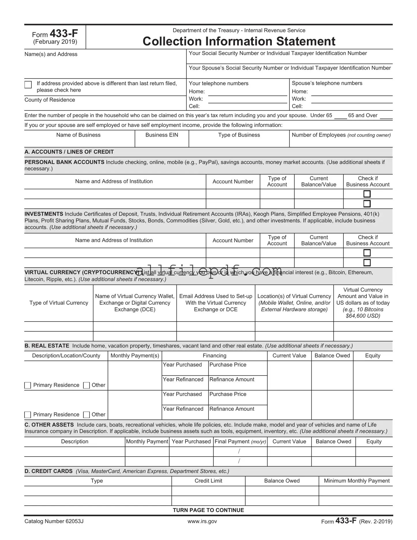 Blank IRS 433-F PDF Form