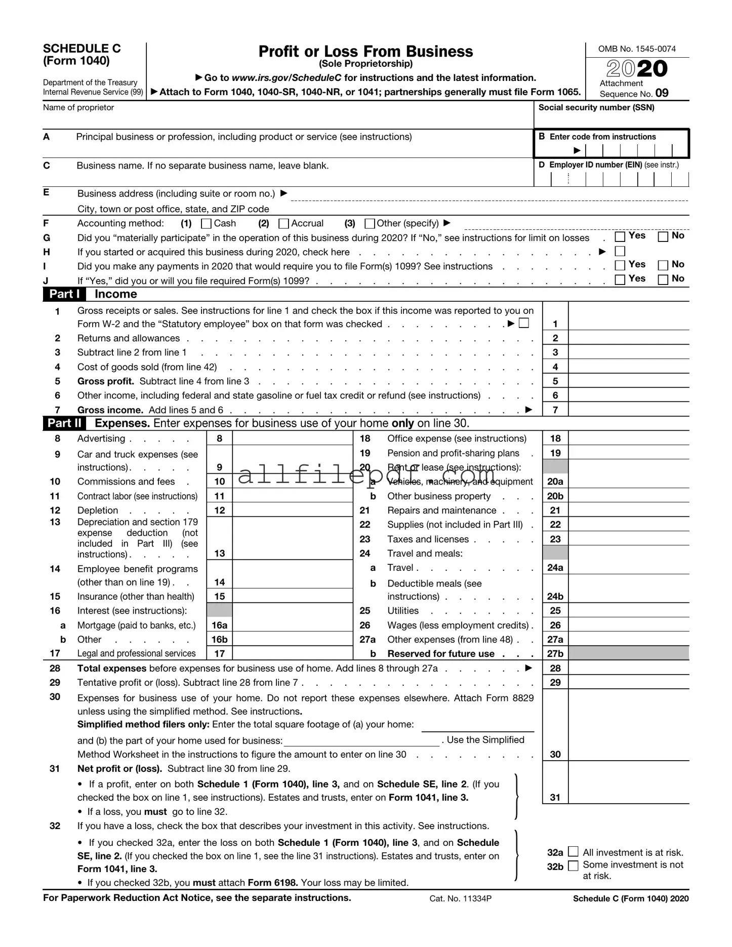 Blank IRS Schedule C 1040 PDF Form