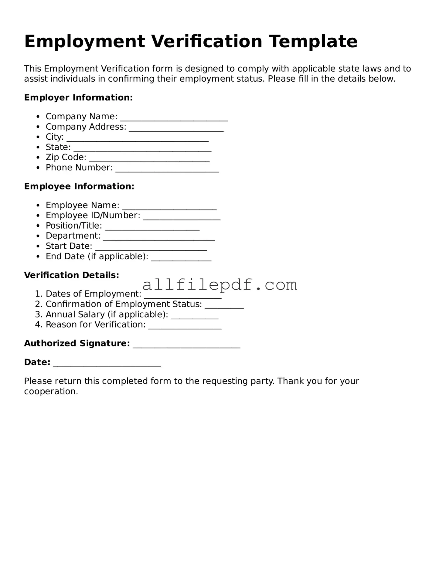 Blank Employment Verification Template
