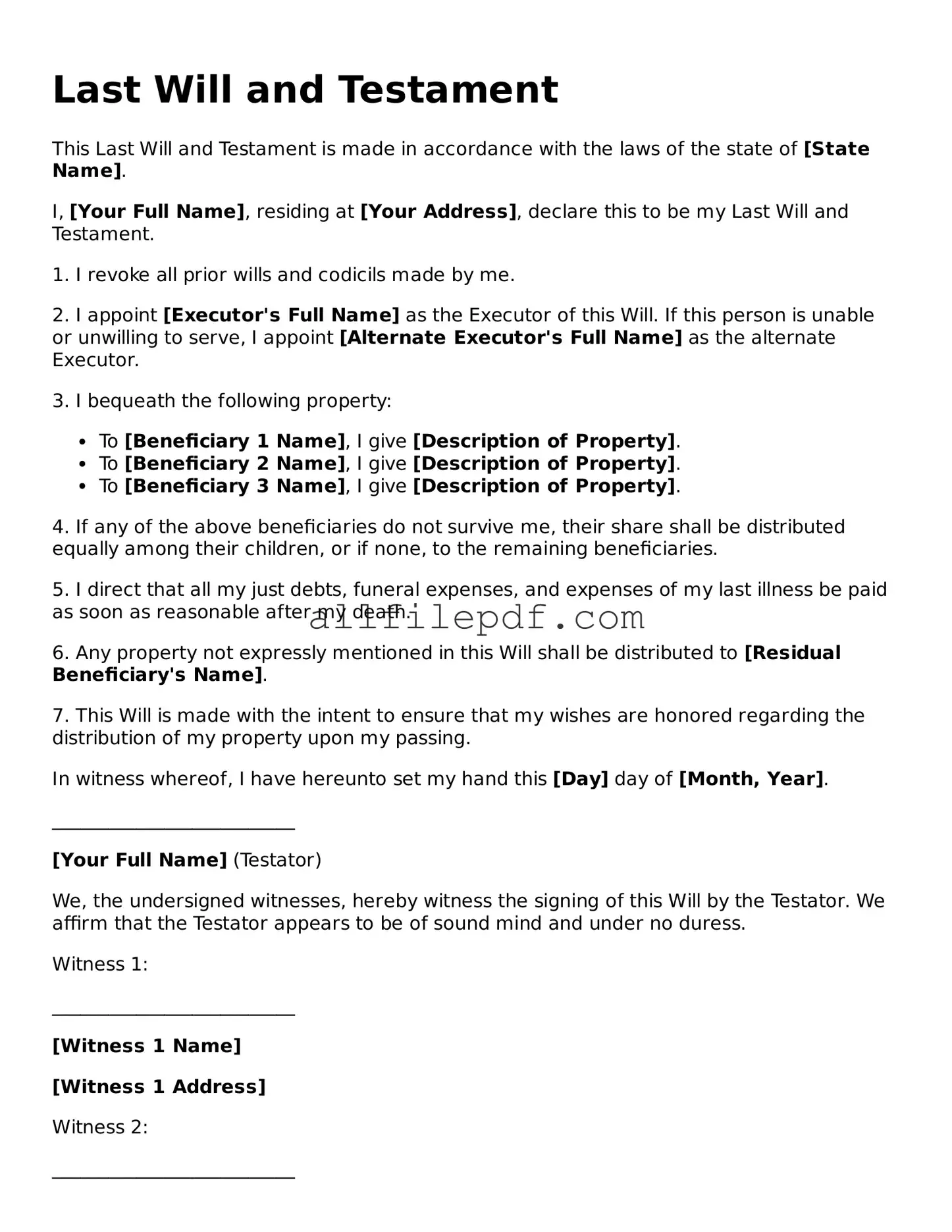 Blank Last Will and Testament Template