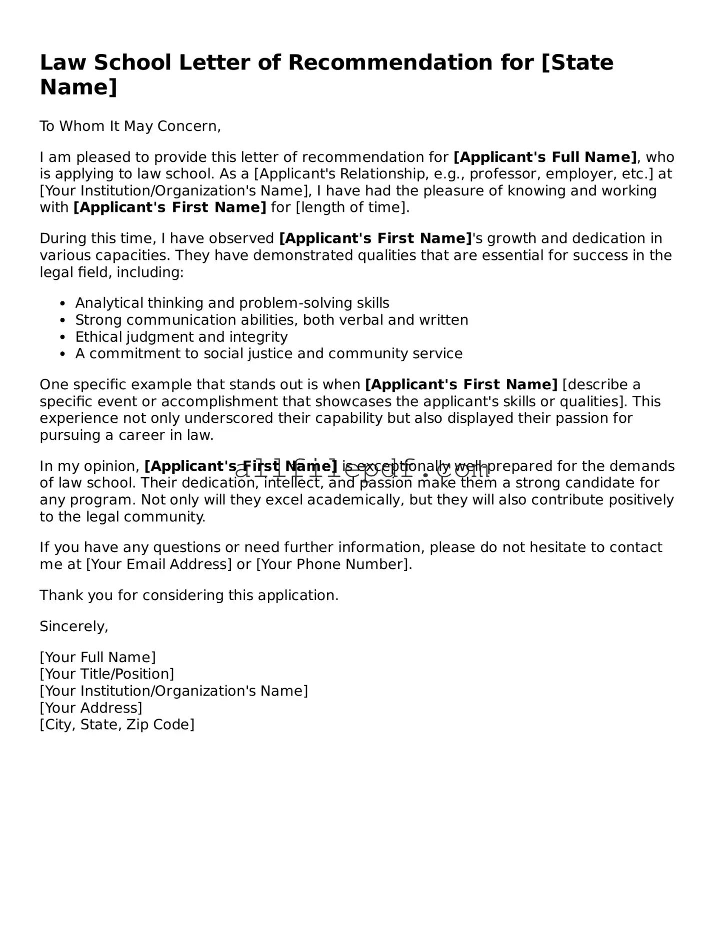 Blank Law School Letter of Recommendation Template
