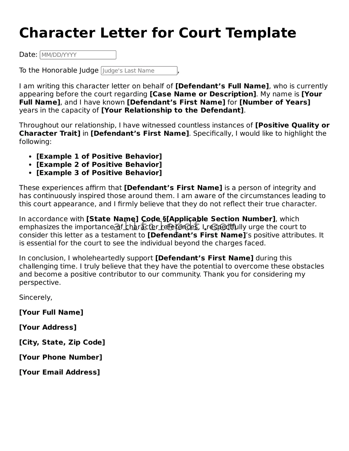 Blank Character Letter for Court Template