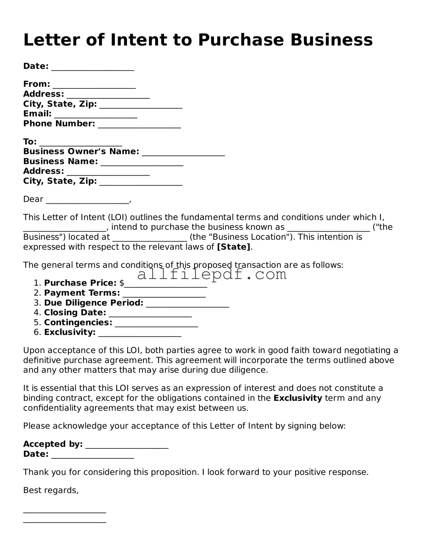 Blank Letter of Intent to Purchase Business Template