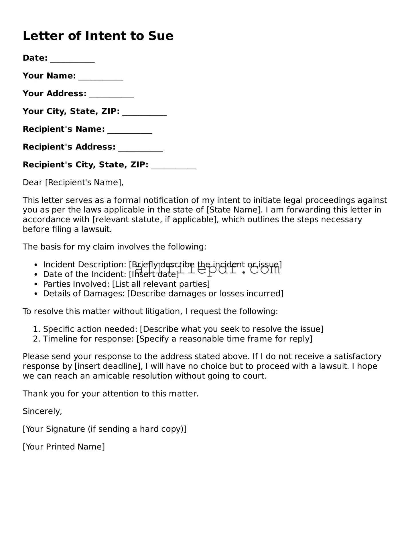 Blank Letter of Intent to Sue Template