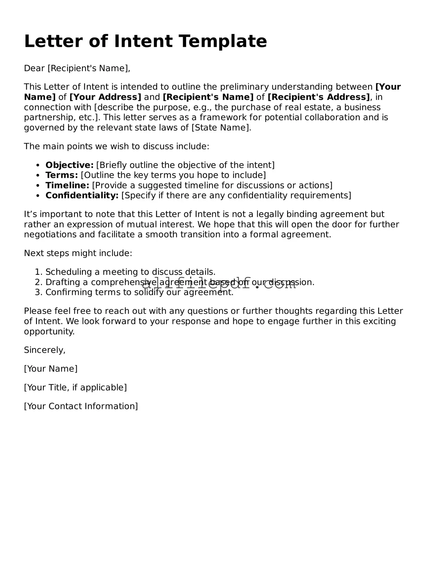 Blank Letter of Intent Template
