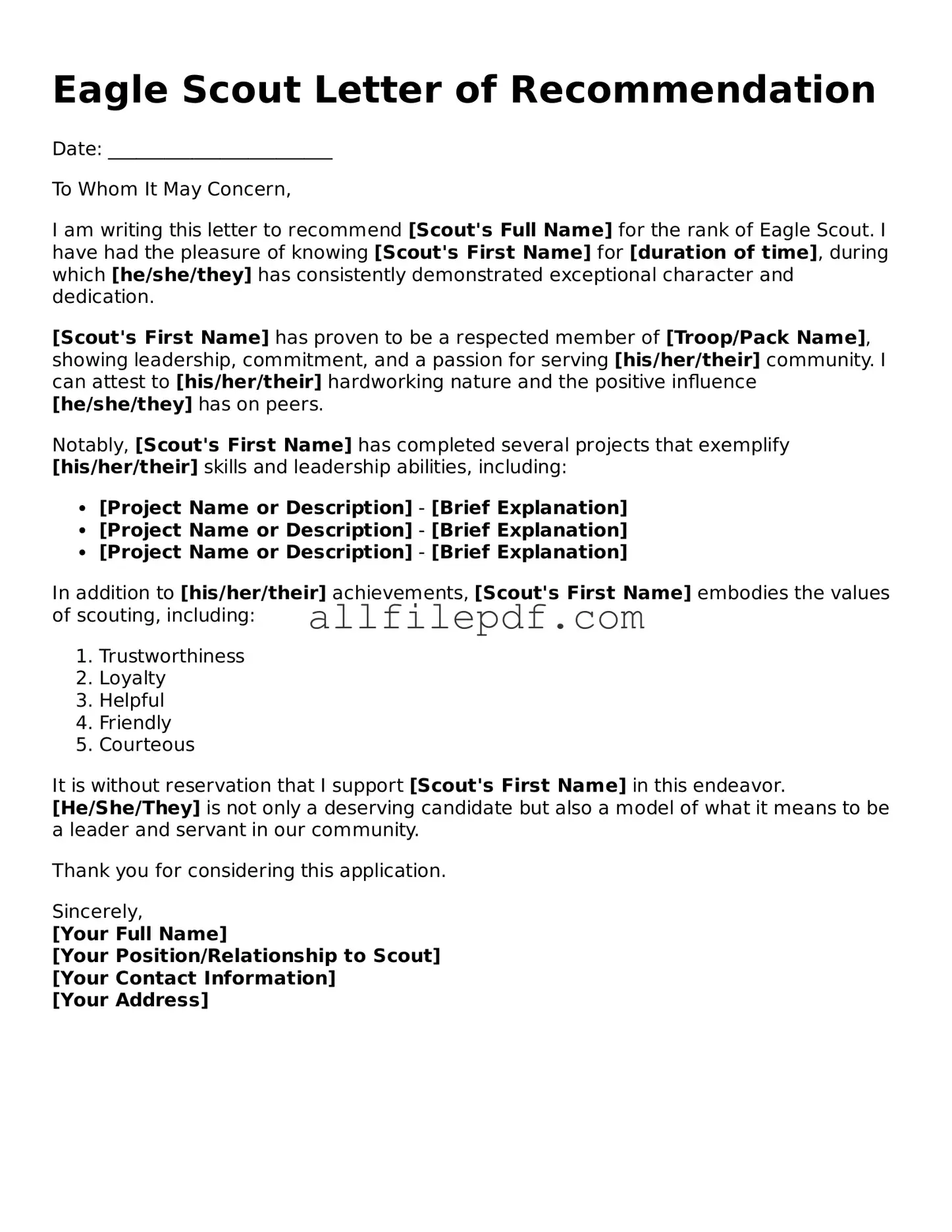 Blank Eagle Scout Letter of Recommendation Template