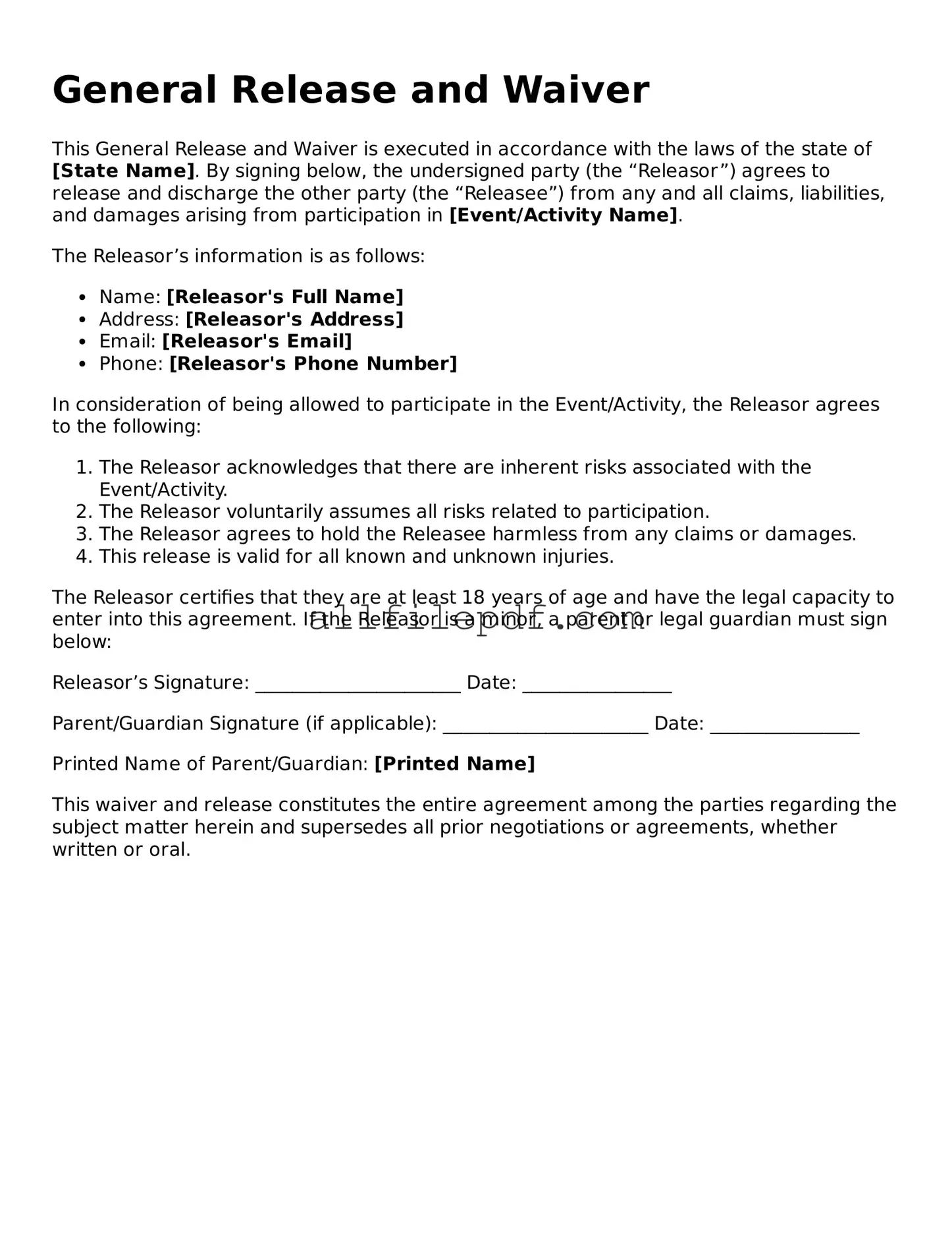 Blank General Release and Waiver Template