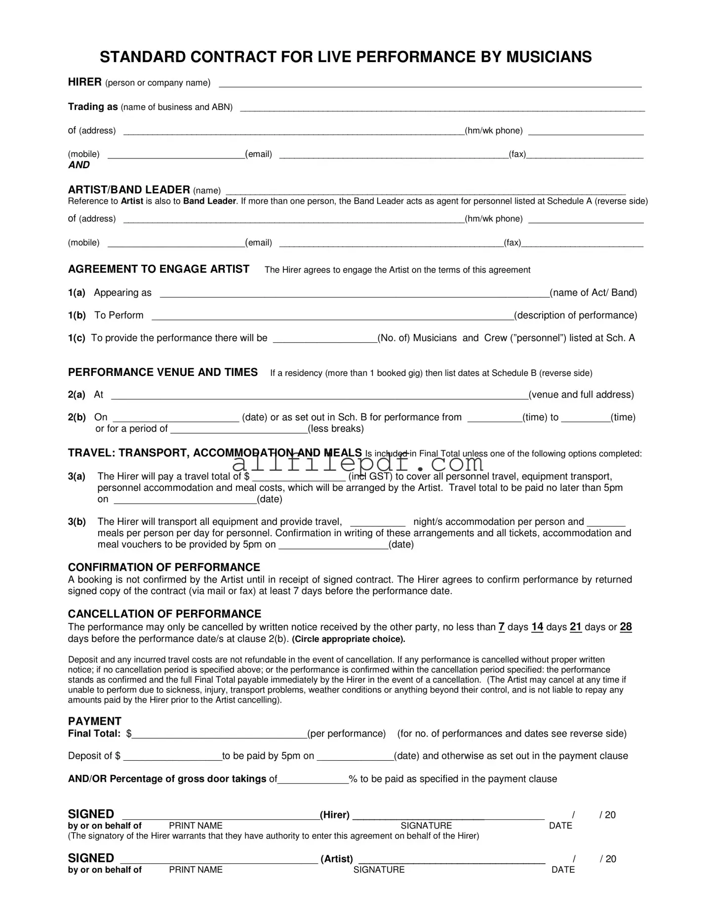 Blank Live Performance Contract PDF Form