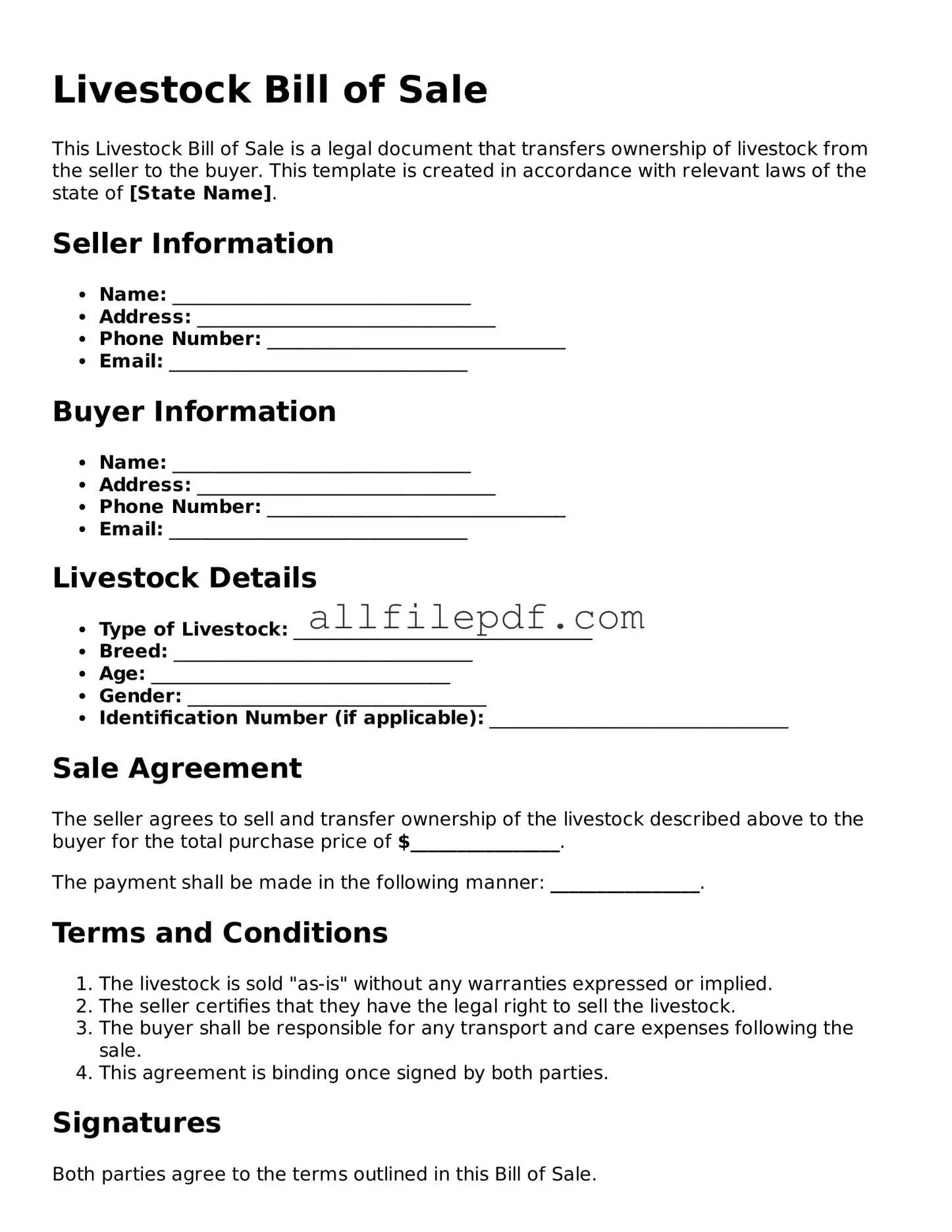 Blank Livestock Bill of Sale Template