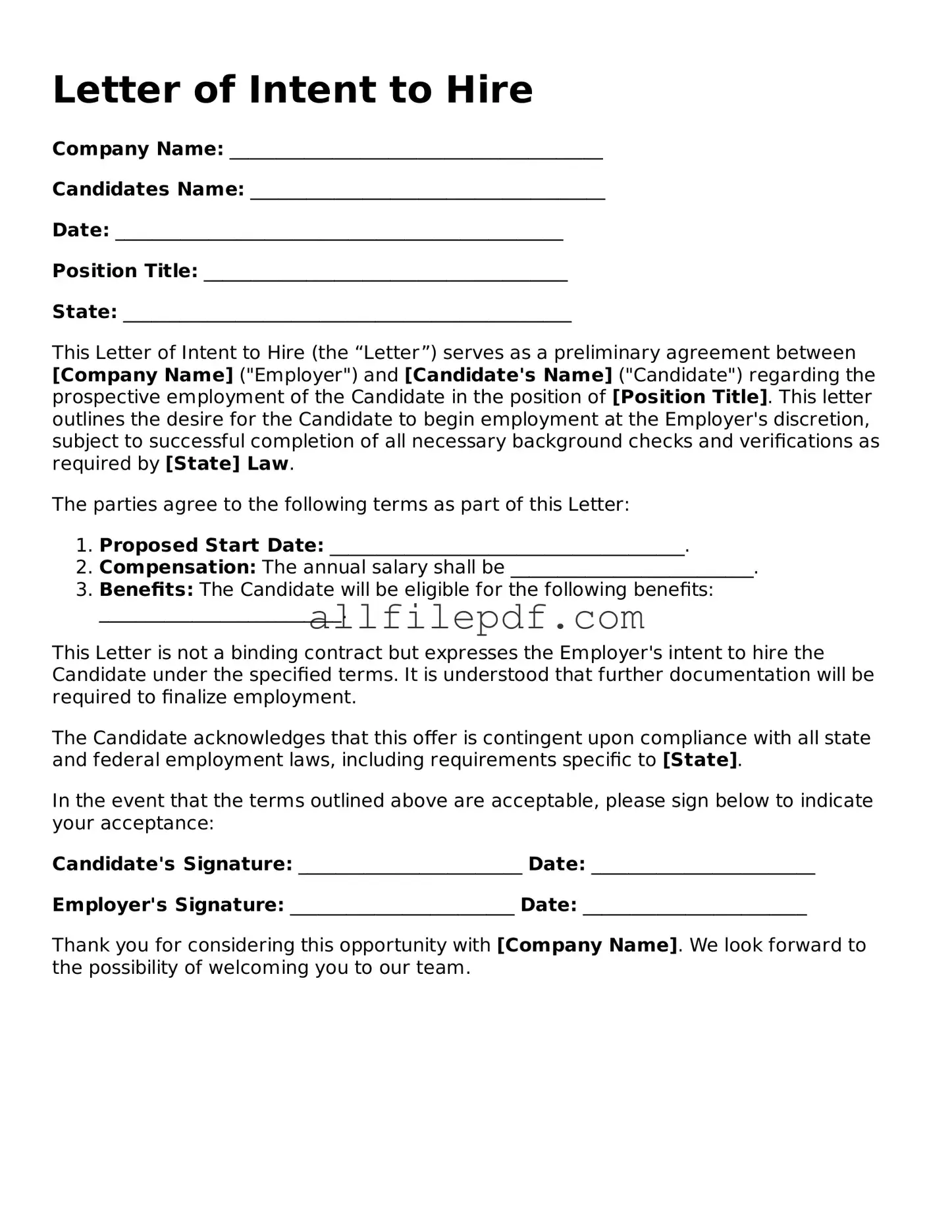 Blank Letter of Intent to Hire Template