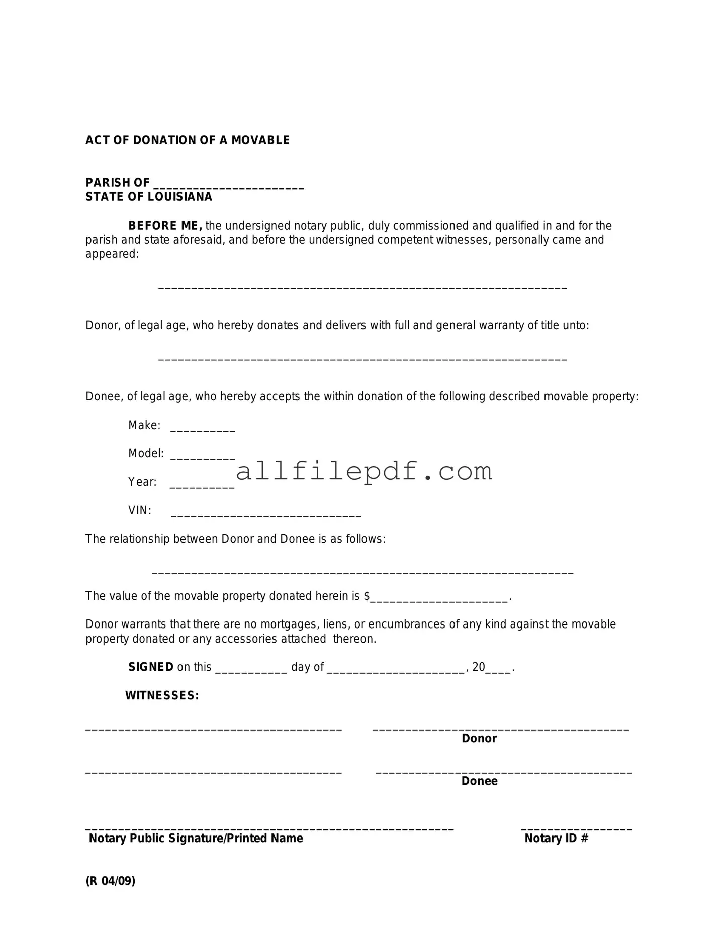 Blank Louisiana act of donation PDF Form