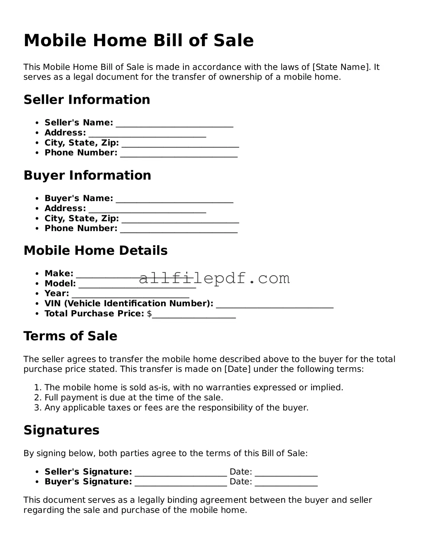 Blank Mobile Home Bill of Sale Template