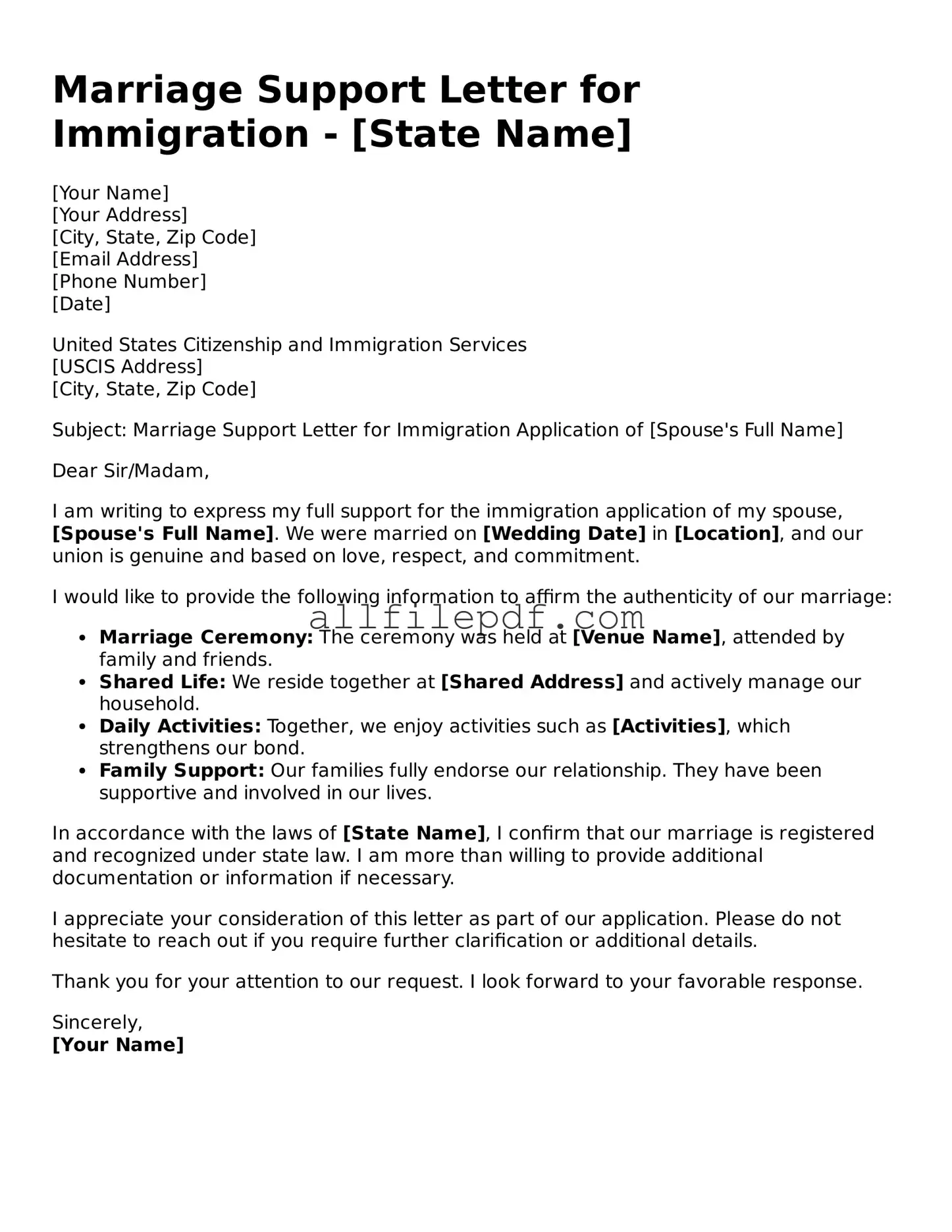 Blank Marriage Support Letter for Immigration Template