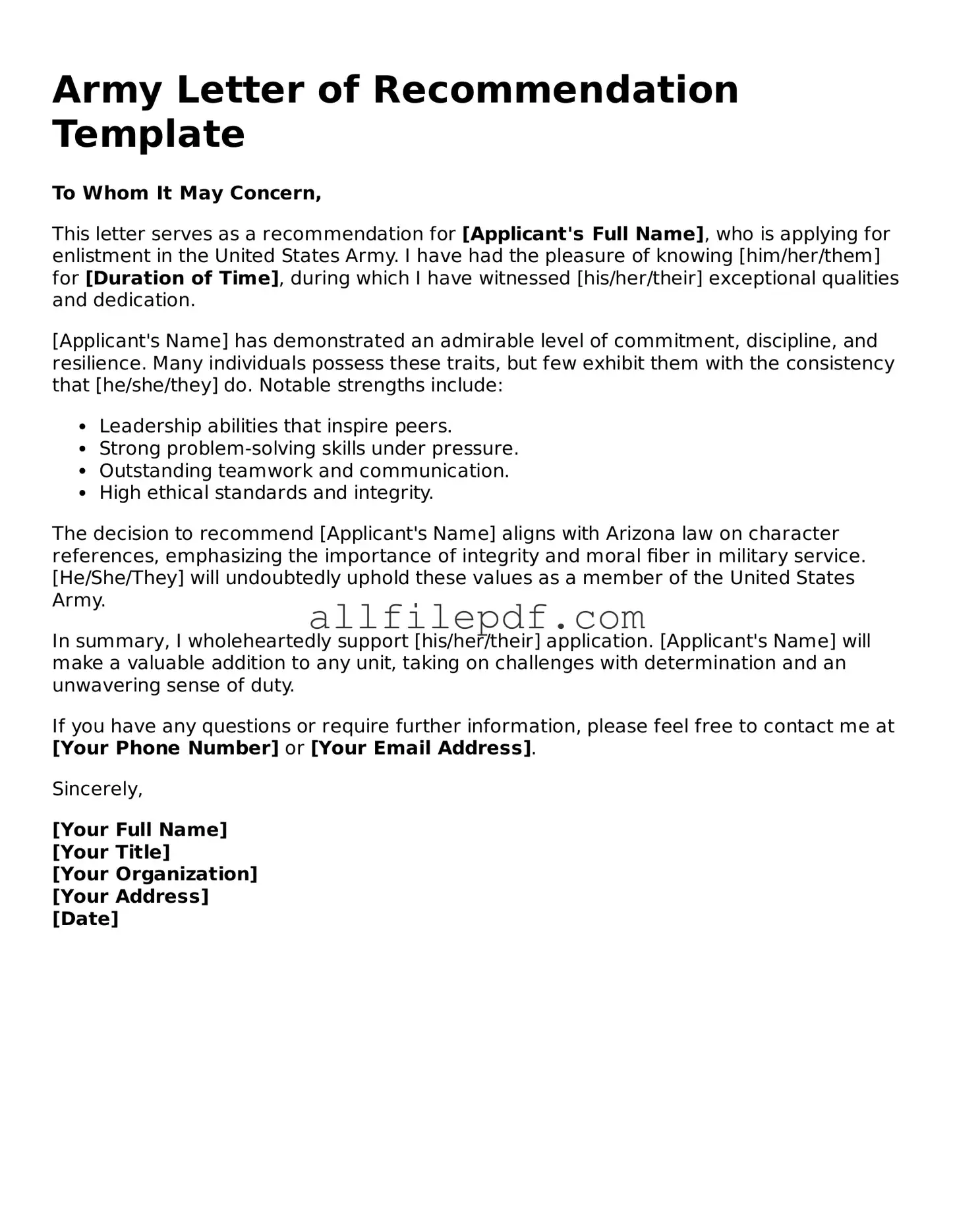 Blank Army Letter of Recommendation Template