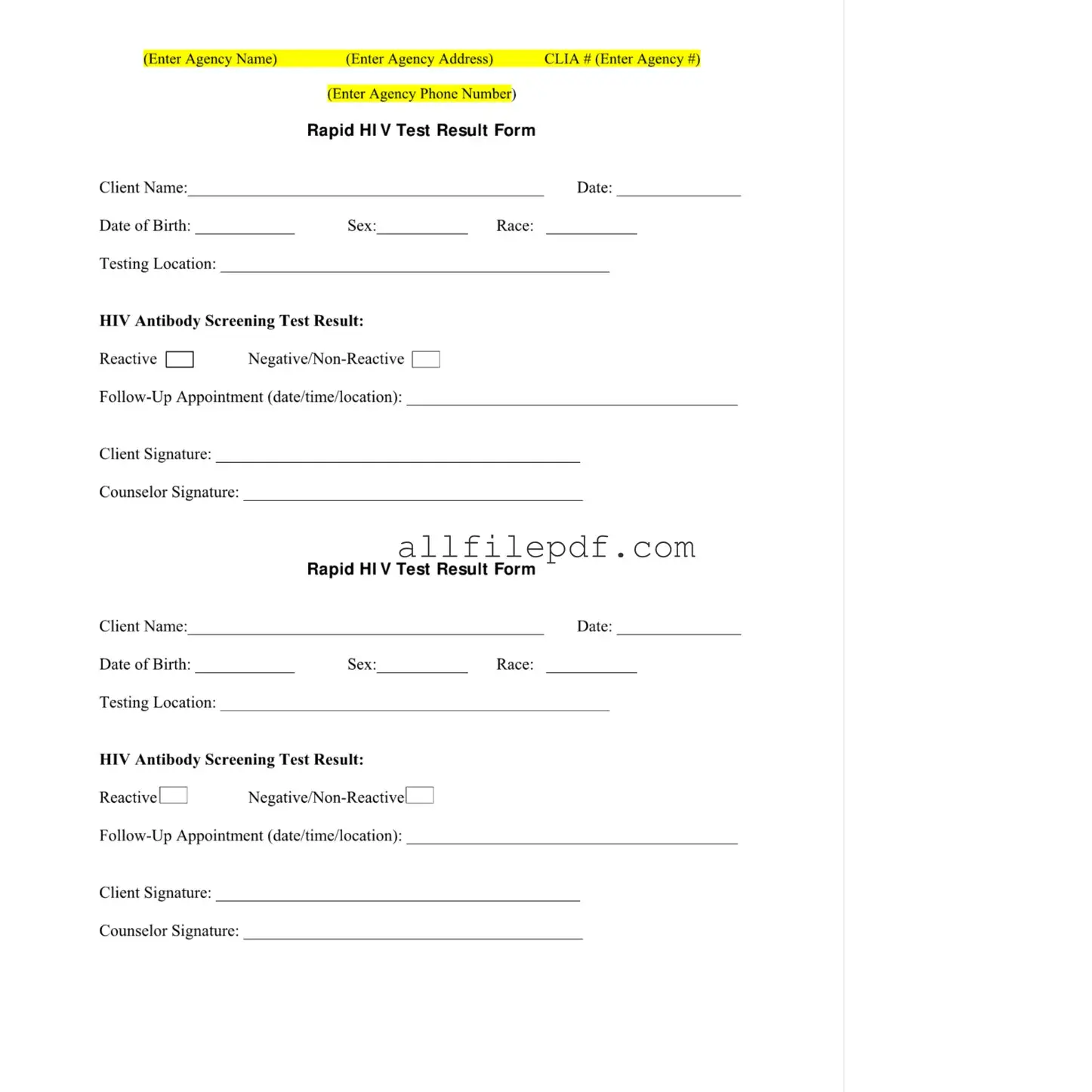 Blank Negative Hiv Test PDF Form