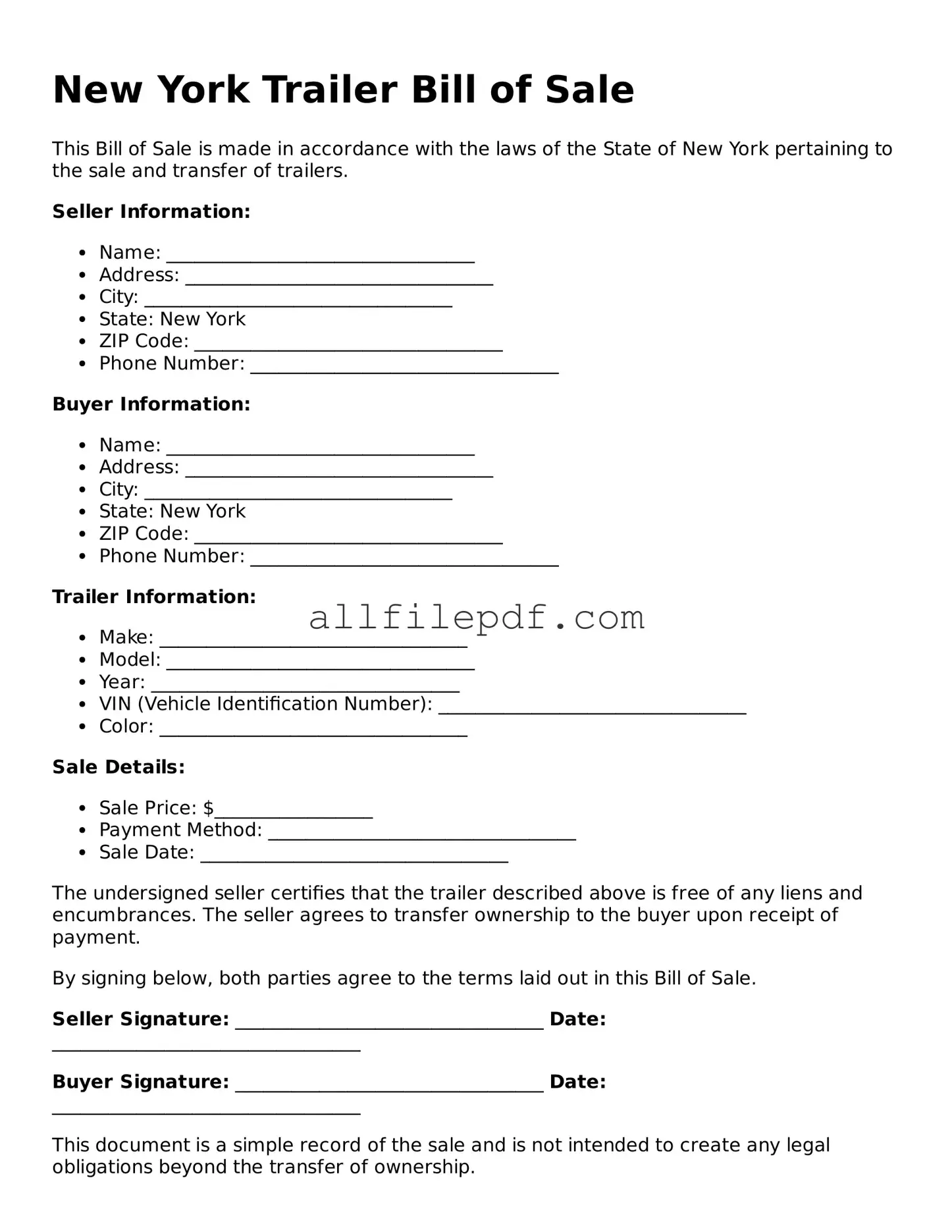 Official  Trailer Bill of Sale Document for New York