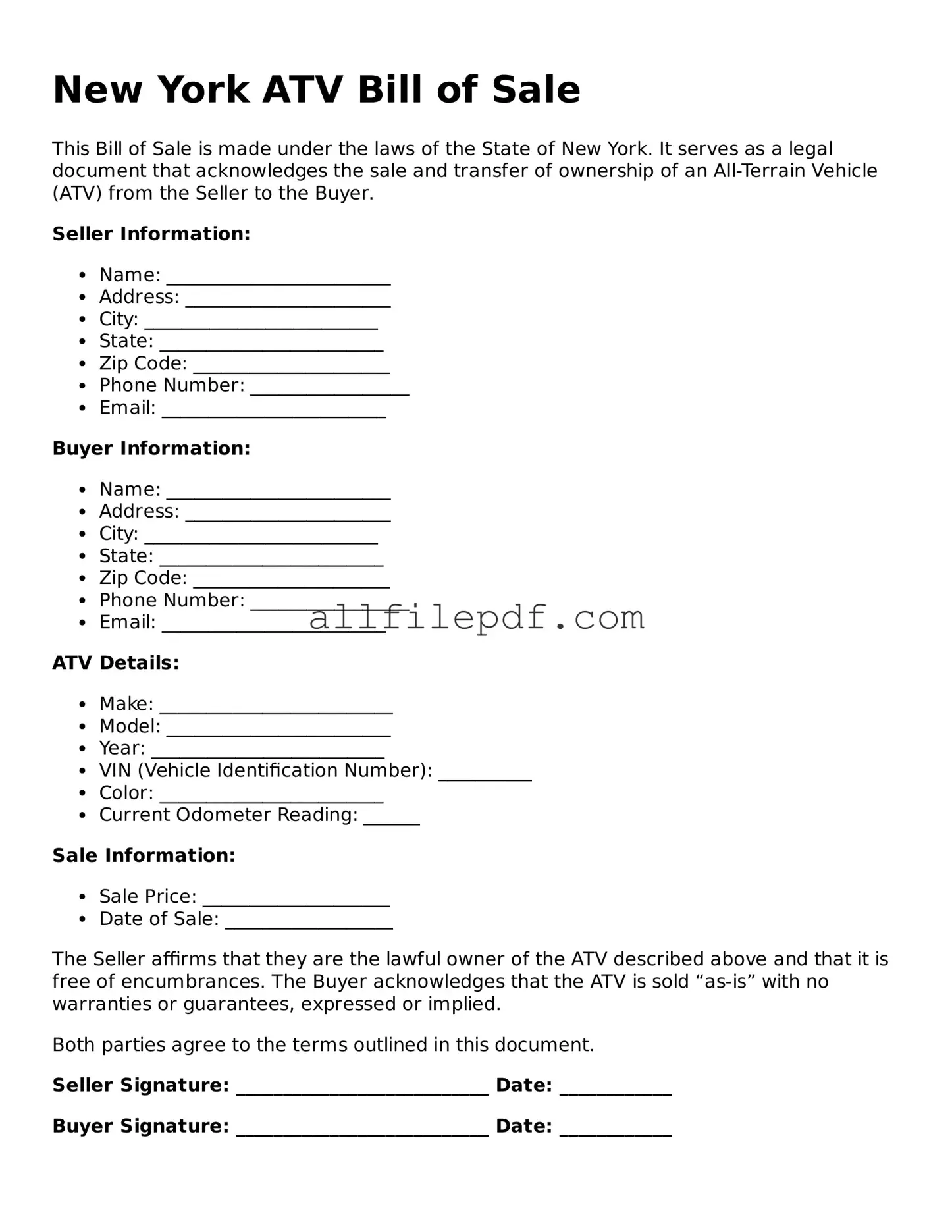 Official  ATV Bill of Sale Document for New York