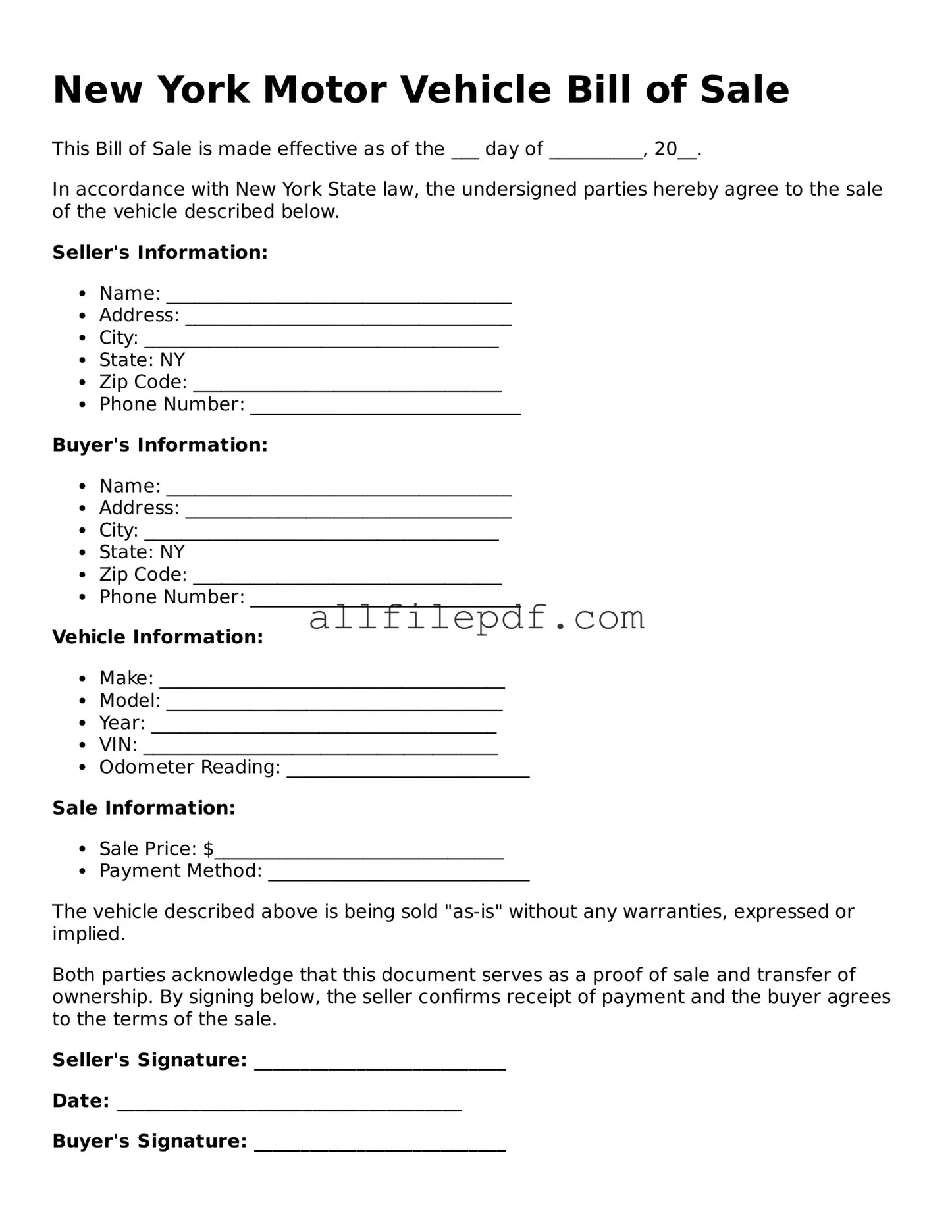 Official  Motor Vehicle Bill of Sale Document for New York
