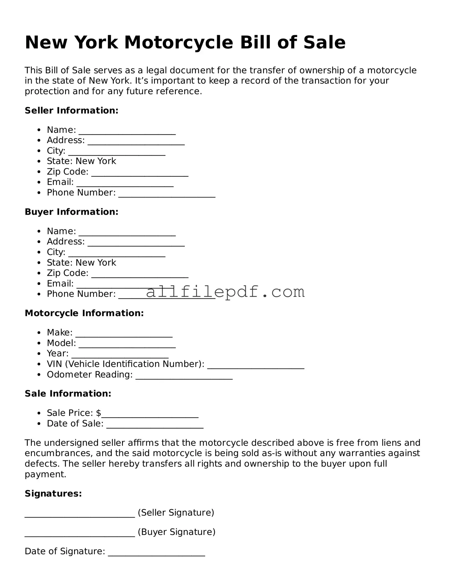 Official  Motorcycle Bill of Sale Document for New York