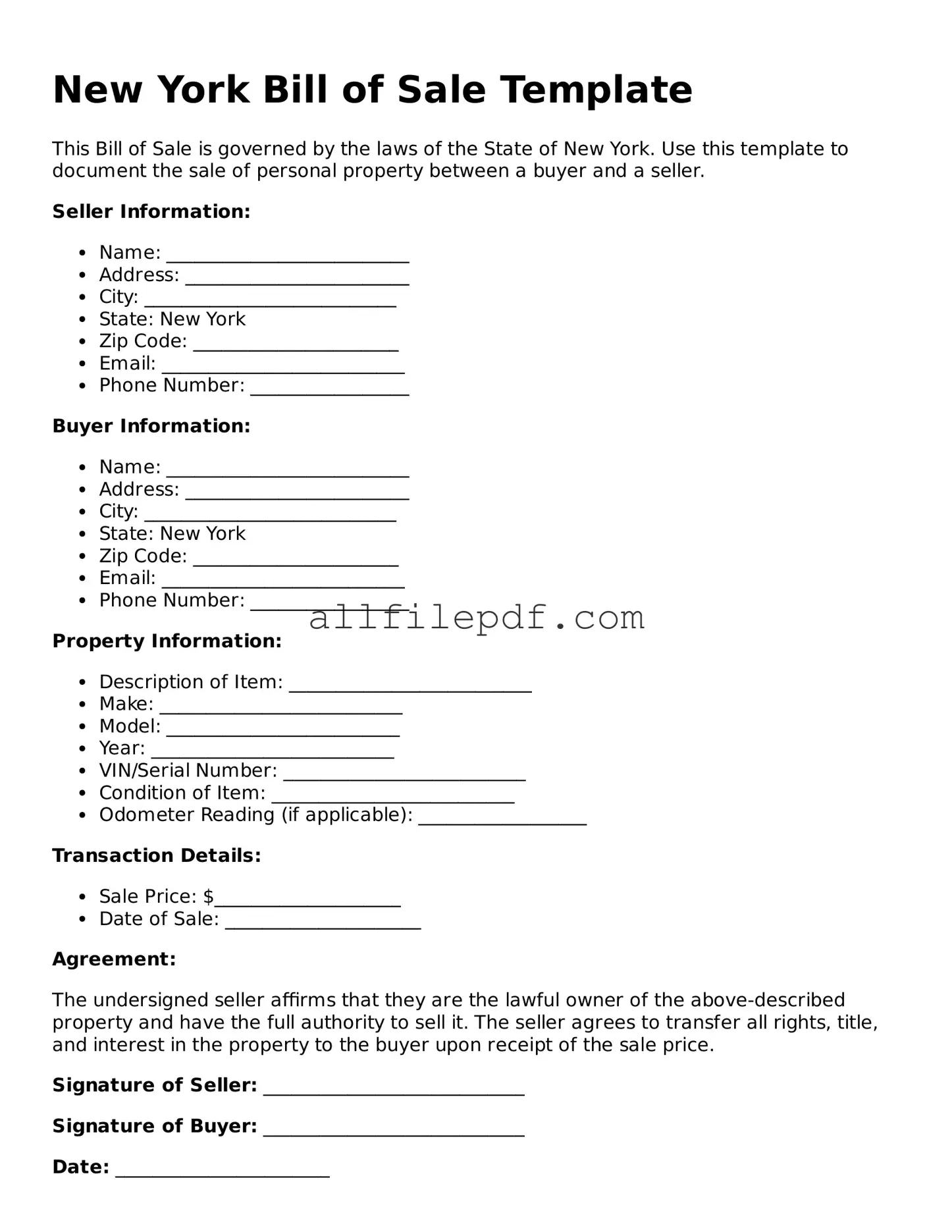 Official  Bill of Sale Document for New York