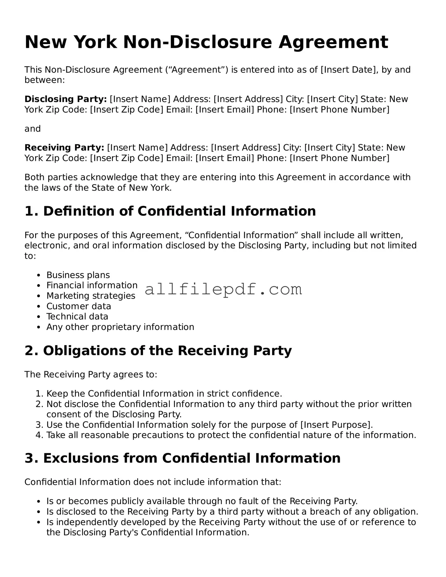 Official  Non-disclosure Agreement Document for New York