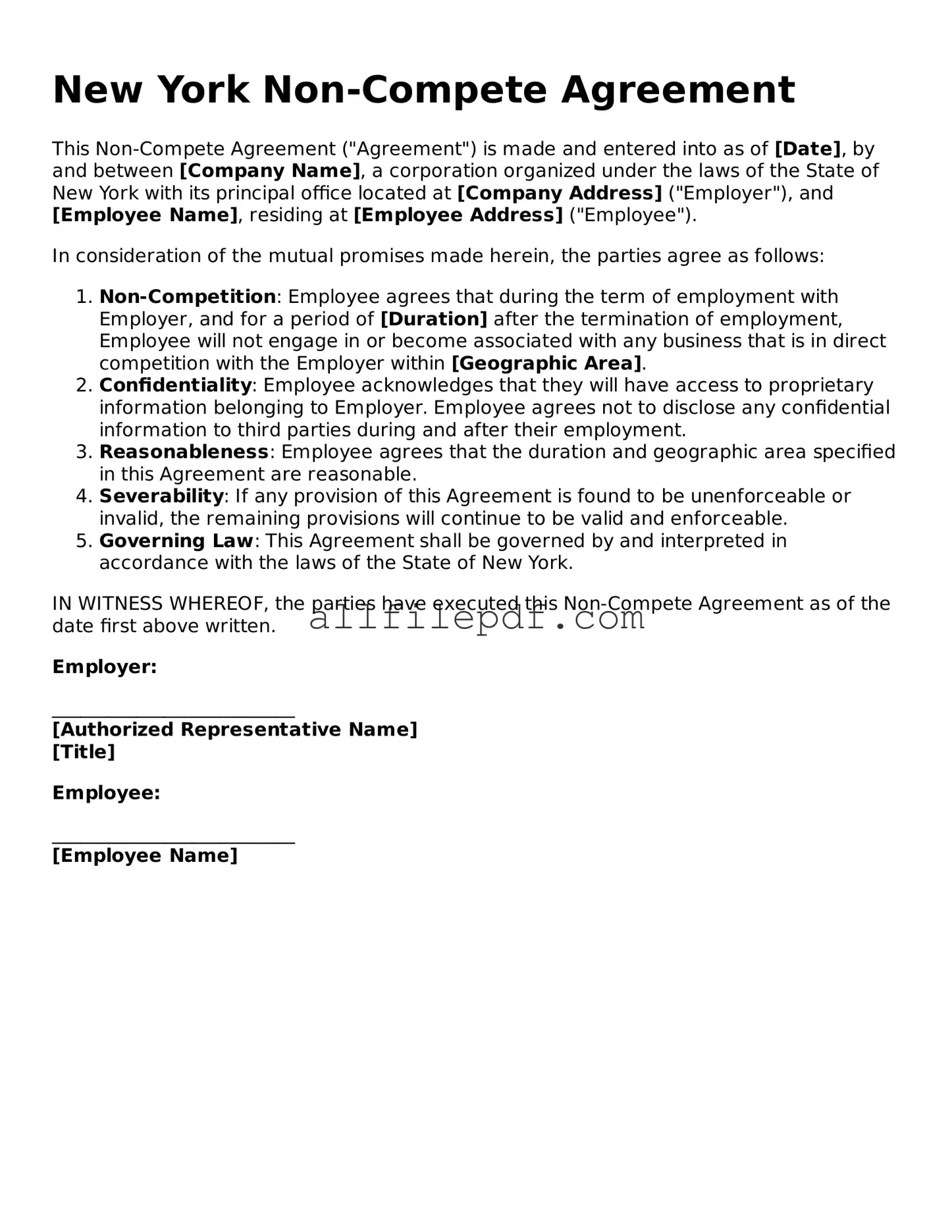 Official  Non-compete Agreement Document for New York