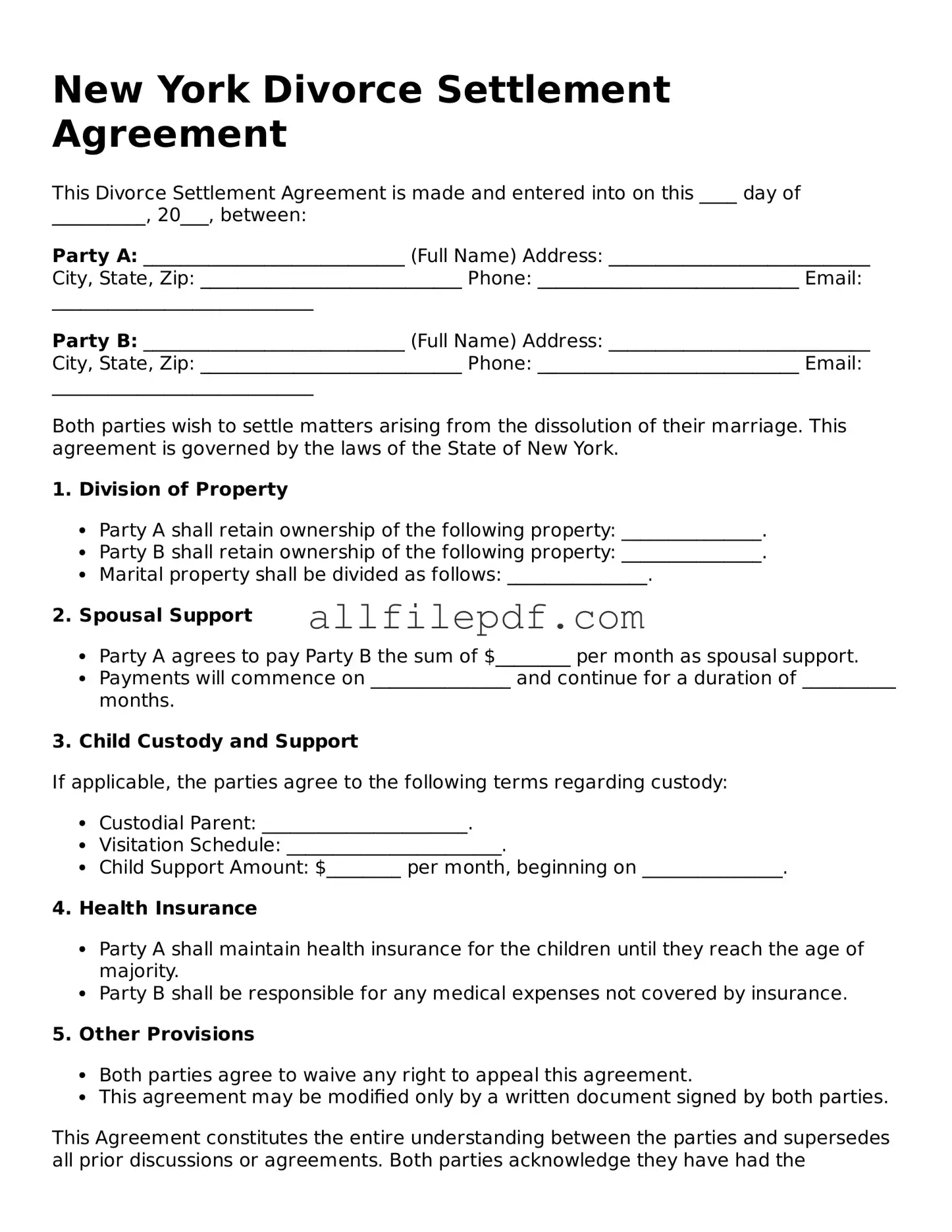 Official  Divorce Settlement Agreement Document for New York